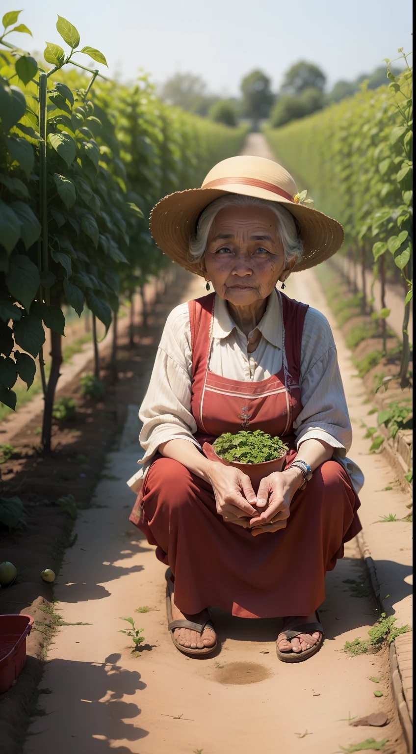 A scene of a very beautiful old village lady in my tomato plantation.