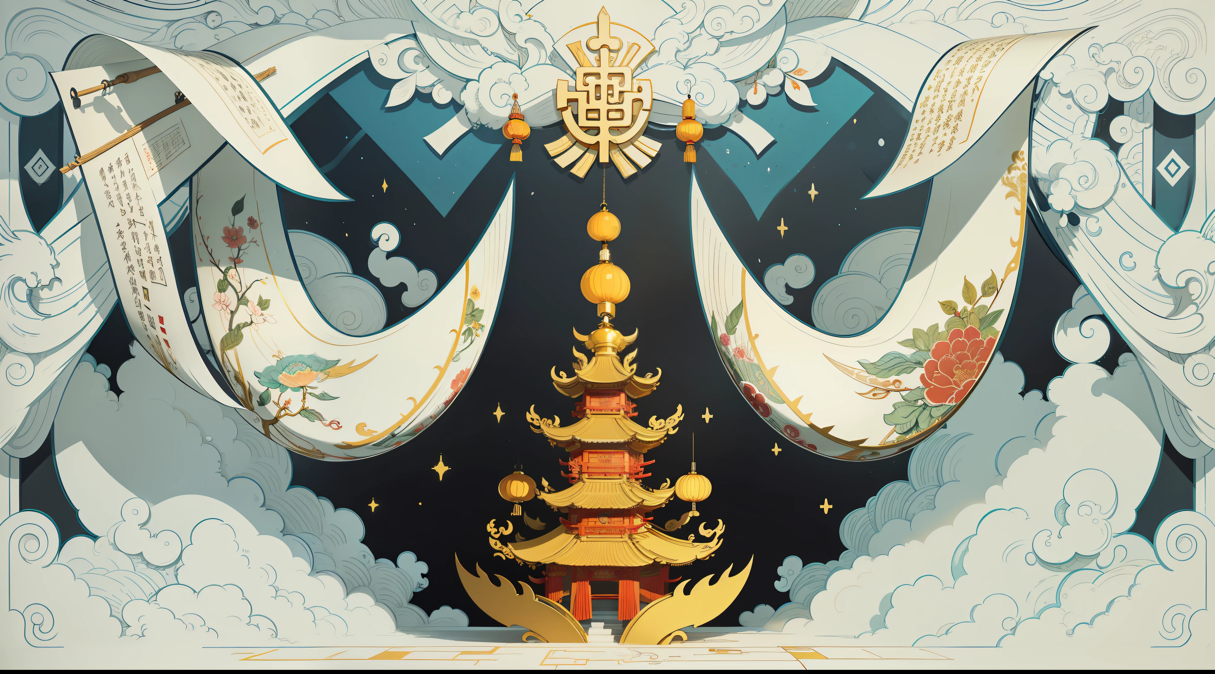Chinese traditional culture, paper-cutting style, the background is an open scroll, above the scroll suspended many traditional Chinese skills of paper-cutting, the close-up is clear, the paper-cutting elements are rich, and the background perspective presents a sense of perspective, rich in layering.