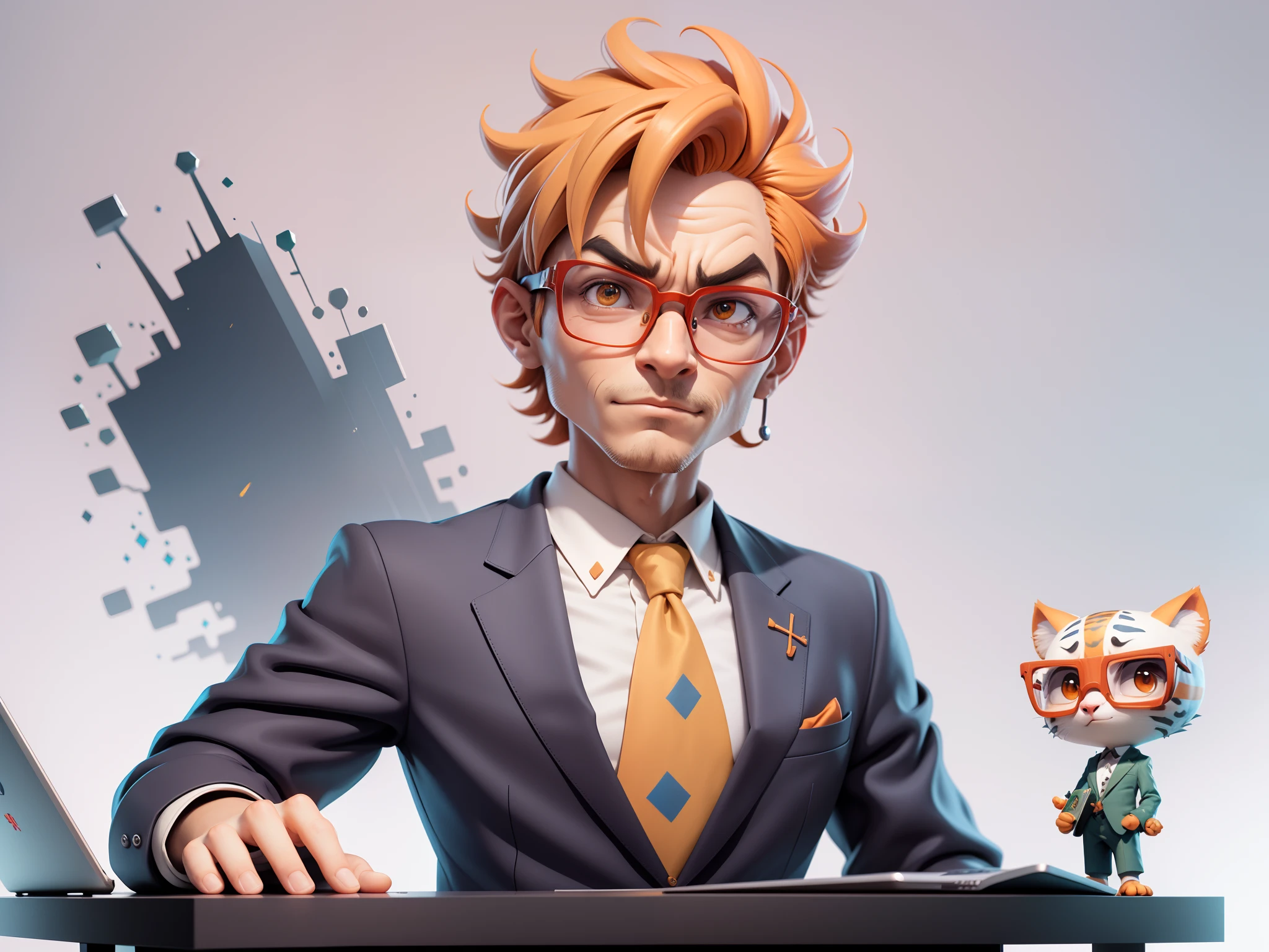 A young man in a suit, Short hair and glasses sat at his desk，holding laptop，digitial painting，tigre，3D character design by Mark Clairen and Pixar and Hayao Miyazaki and Akira Toriyama，4K HD illustration，Very detailed facial features and cartoon-style visuals。