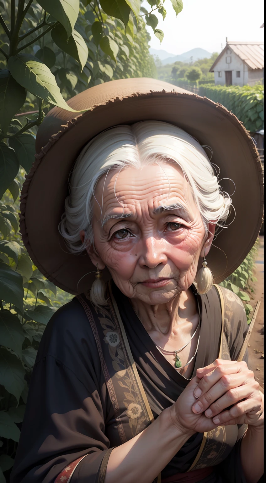 A scene of a very beautiful old village lady in my tomato plantation.