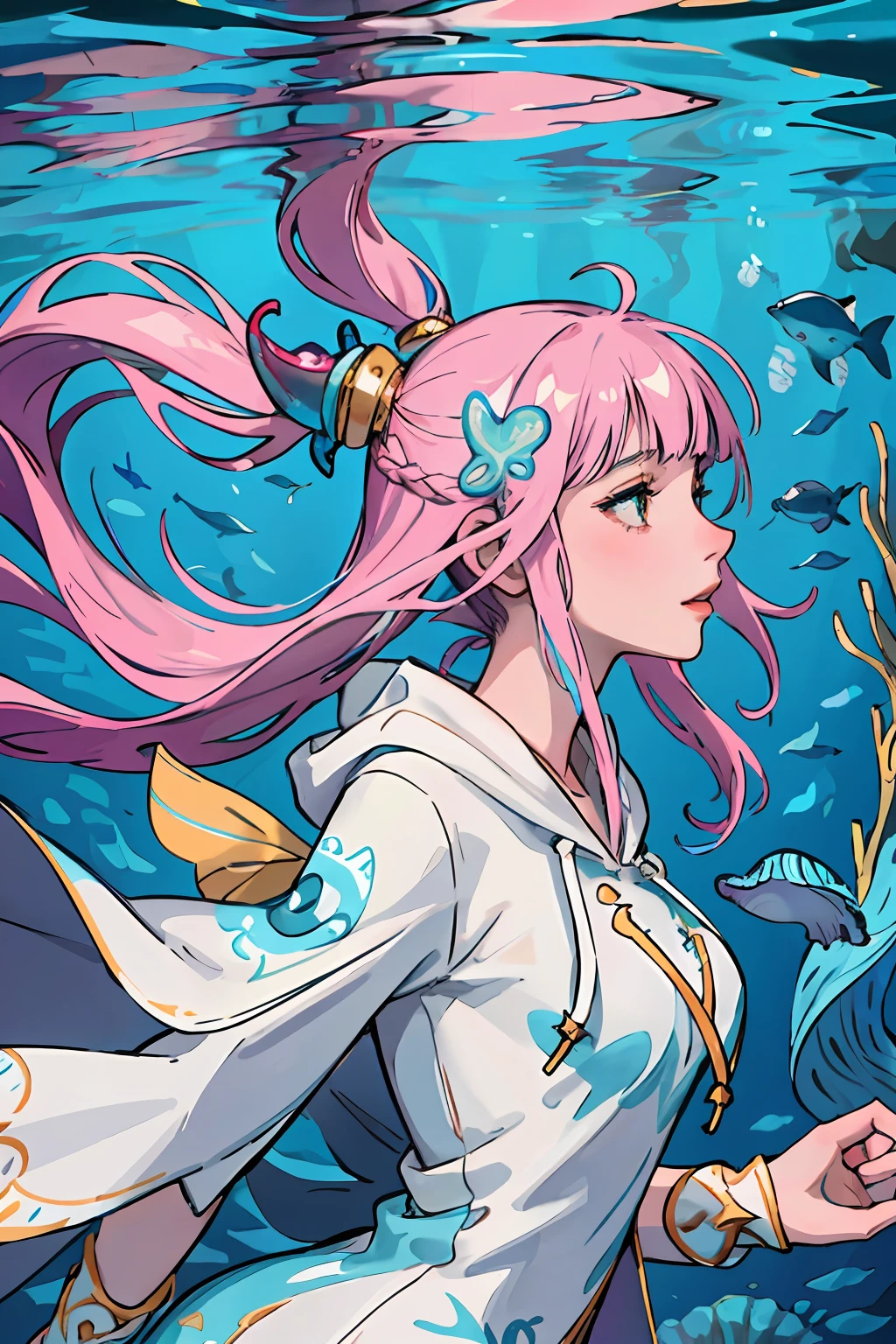 1 woman, masterpiece, best quality, detailed background, solo, portrait, detailed pretty face, feminine female, long hair, floating, hoodie, seafloor, star light, sea grass, colorful jellyfish, five heads tall, depth of field, profile picture, dolphins, pretty, under the sea, standing in water, disney style