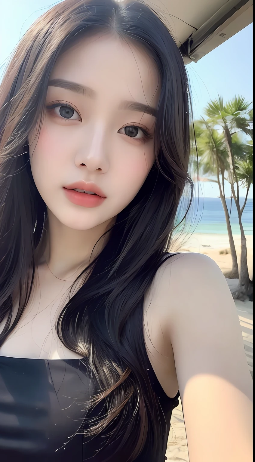 ((Best Quality, 8k, Masterpiece: 1.3)), 1 girl, full body, slim face, pretty woman, (black hair), super detailed face, detailed eyes, double eyelids, blurred background, slim face, seaside, outside, beach,