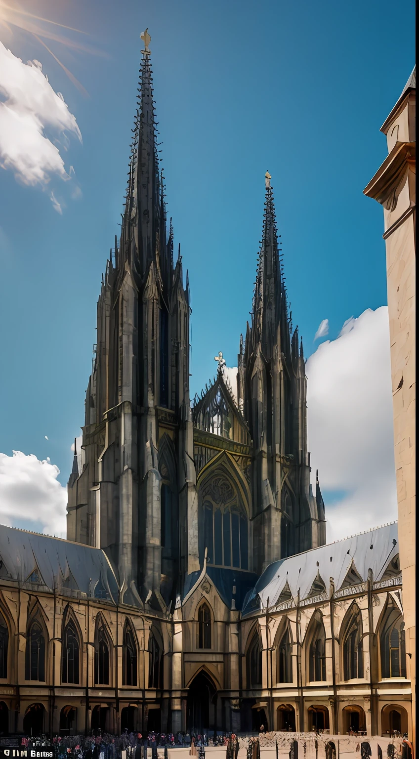 (masterpiece, 8K, detailed:1.3), majestic medieval Catholic cathedral, (elaborate flying buttresses:1.2), green patina copper statues, bustling square, merchants, knights, clergy, shadow of the towering spire on the ground, symbolizing Church's overarching power, evening sun, warm hues, side view, dynamic angle.