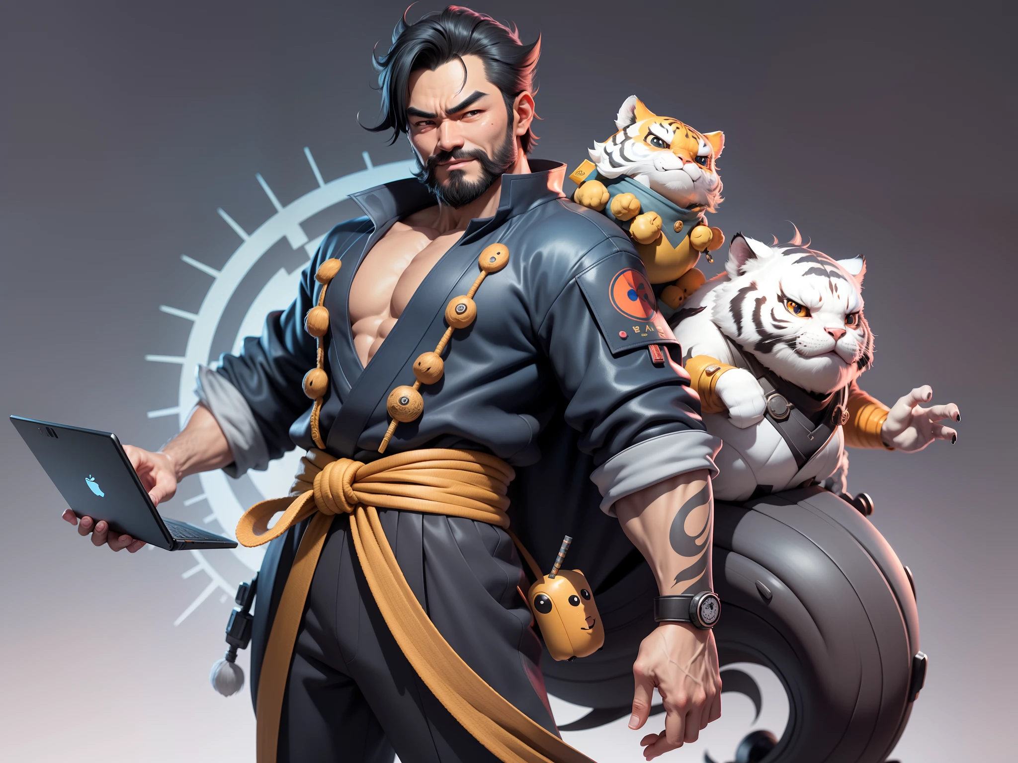 (Daisaku),(Need),(Super meticulous),(full bodyesbian:1.2),Super young man with Japanese geisha，Beautiful，orient，one tiger，Aeolian Thor，Raised sexy，爆乳，Oriental face，TV Anchor，Bust portrait illustration，In black suit，a blue tie，The face is slightly chubby，The face was clean，without a beard，Black super short hair，Black eyes，Smile confidently，3C computer sub-products，iPad， iphone，Digital painting，3D character design by Mark Clairen and Pixar and Hayao Miyazaki and Akira Toriyama，The illustration is a high-definition illustration in 4K resolution，With very detailed facial features and cartoon-style visuals。