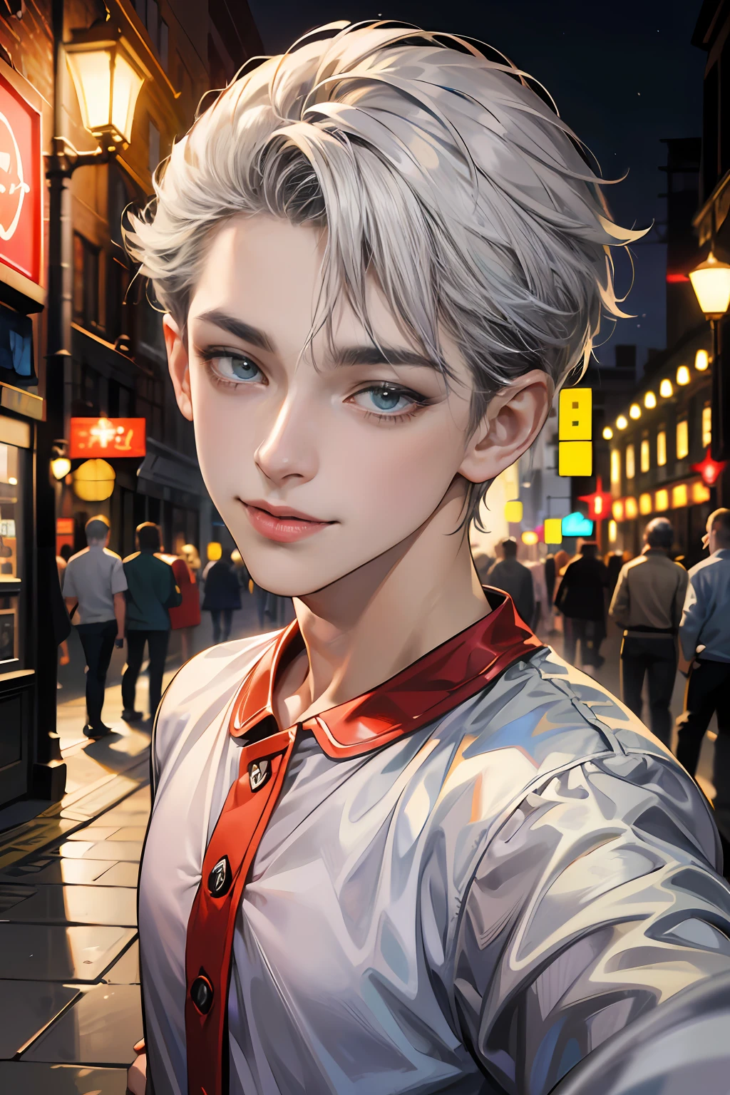 (absurdres, highres, ultra detailed, HDR), masterpiece, best quality, 1boy,12yo, handsome, short hair, finely eye and detailed face, dimple, forehead, night street, night city, midnight, selfie shot, light smile, upper body, pajamas,whtie and grey hair color,