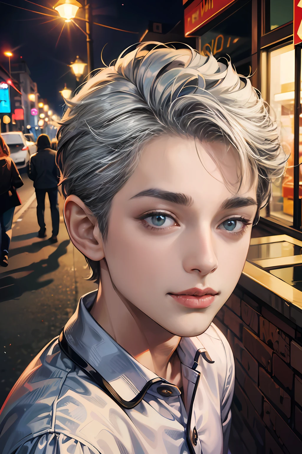 (absurdres, highres, ultra detailed, HDR), masterpiece, best quality, 1boy,, handsome, short hair, finely eye and detailed face, dimple, forehead, night street, night city, midnight, selfie shot, light smile, upper body, pajamas,whtie and grey hair color,