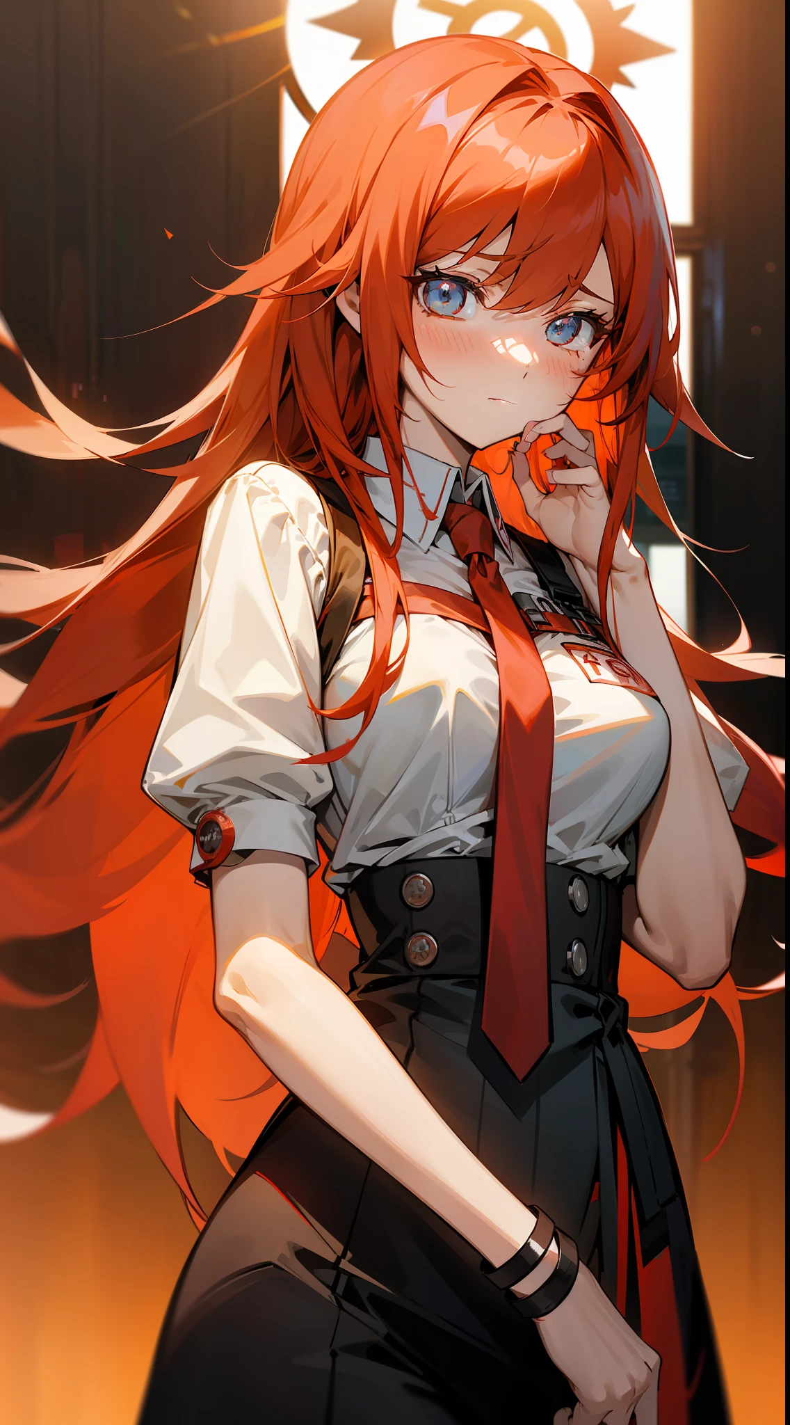 Anime girl with red hair and tie,Qi bangs and a twisted braid， kurisu makise steins gate anime, akane owari danganronpa, seductive anime girls, rias gremory, from girls frontline, gapmoe yandere, female anime character, Fine details. Girl Front, Badass anime 8 K, Female action anime girl