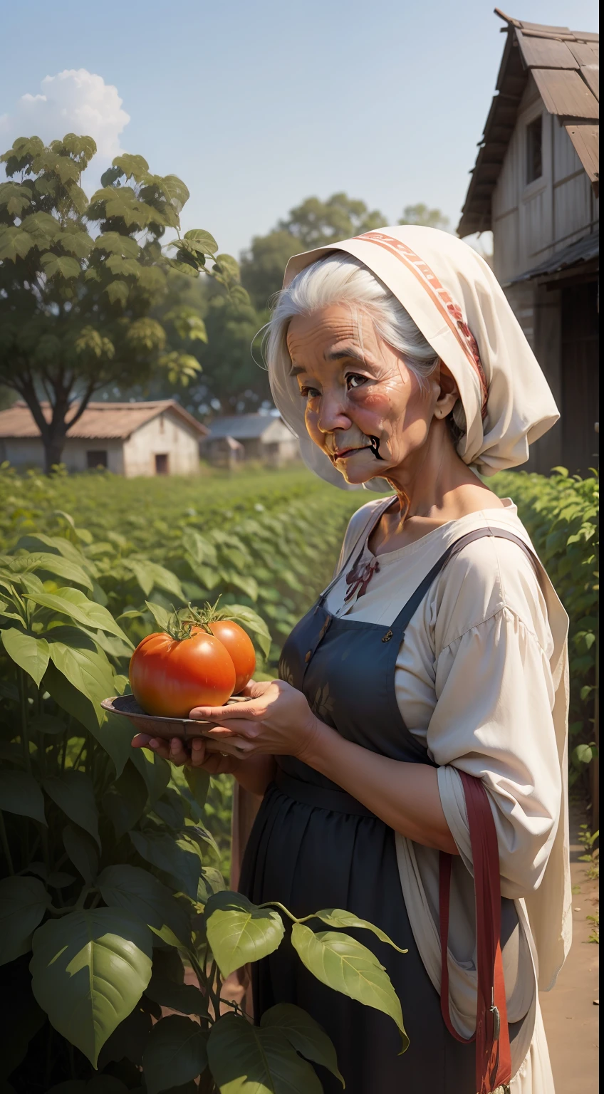 A scene of a very beautiful old village lady in my tomato plantation.