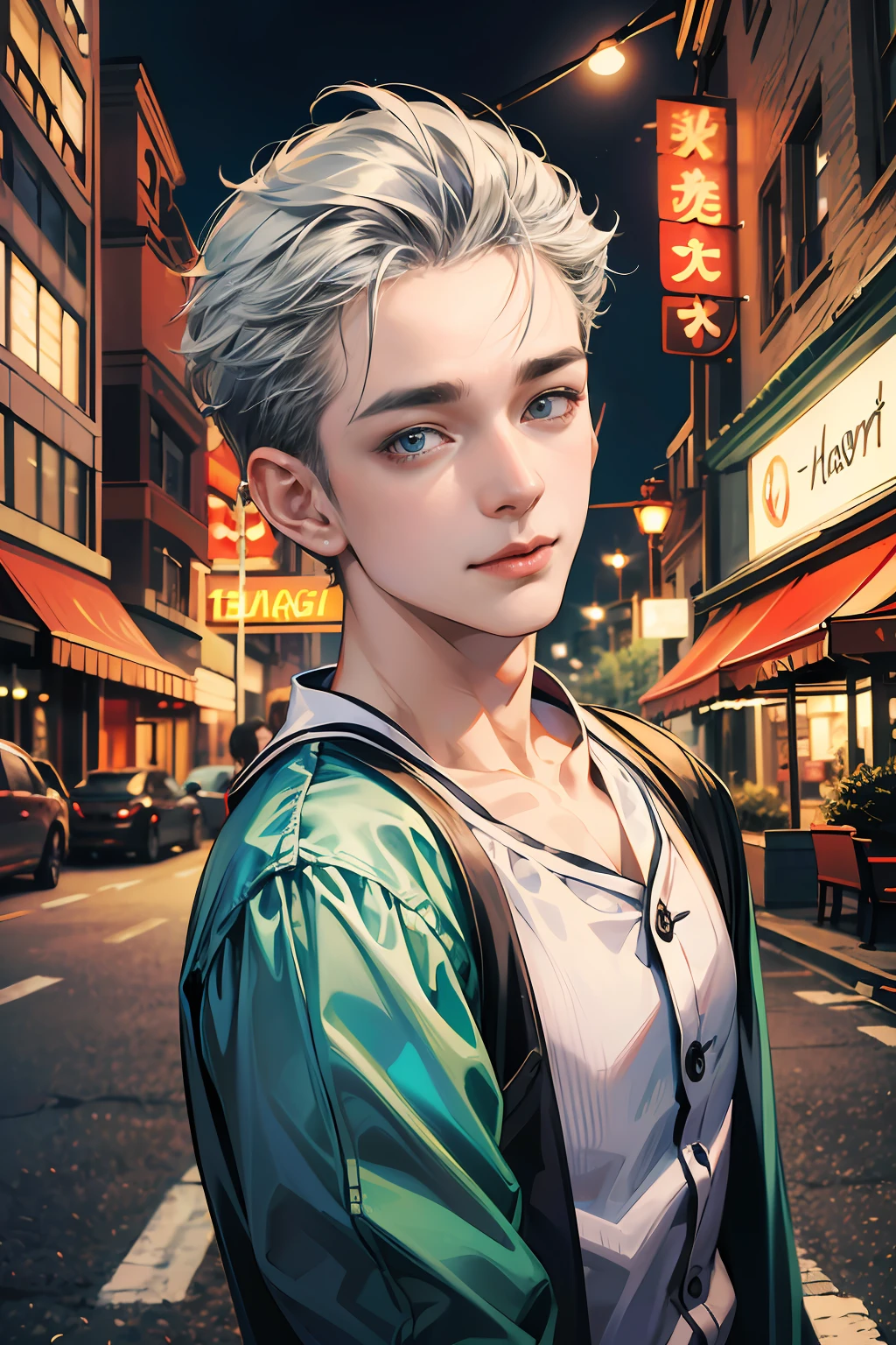 (absurdres, highres, ultra detailed, HDR), masterpiece, best quality, 1boy,12yo, handsome, short hair, finely eye and detailed face, dimple, forehead, night street, night city, midnight, selfie shot, light smile, upper body, pajamas,whtie and grey hair color,