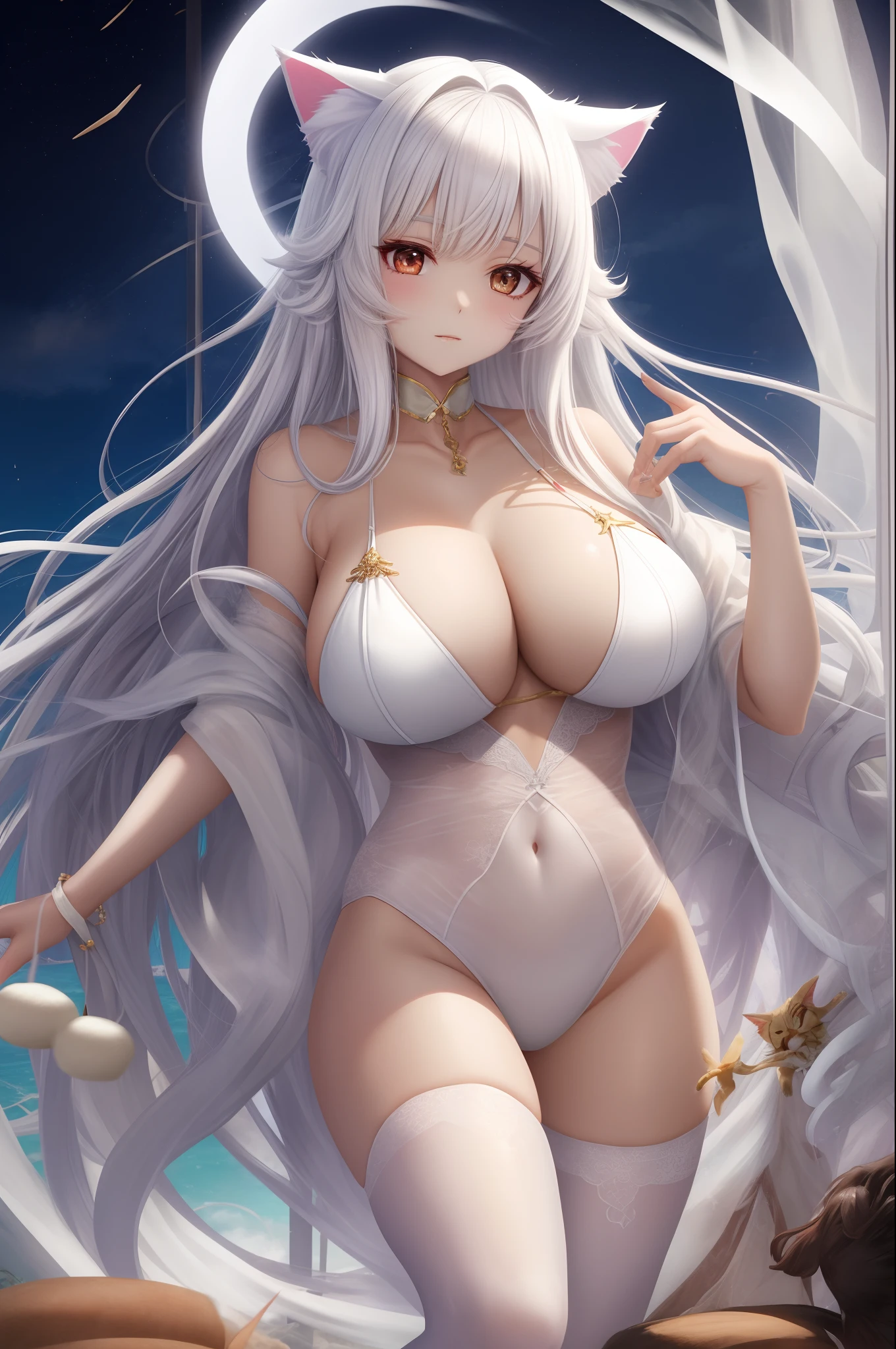 Cat ears, white skin, female, full white silk legs, giant breasts, vaginal nudity, anime, steamed bun hole, no clothes, white hair