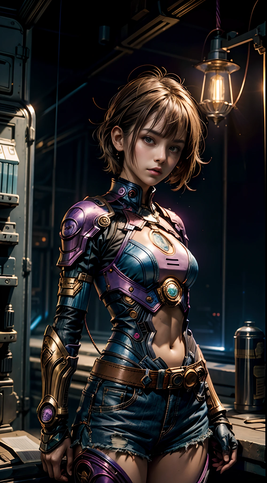 Female warrior monk with short light brown hair, Dress in a short-sleeved shirt Purple and blue shorts., Stand against a vintage sci-fi background. The artwork was inspired by Moebius and Ashley Wood..