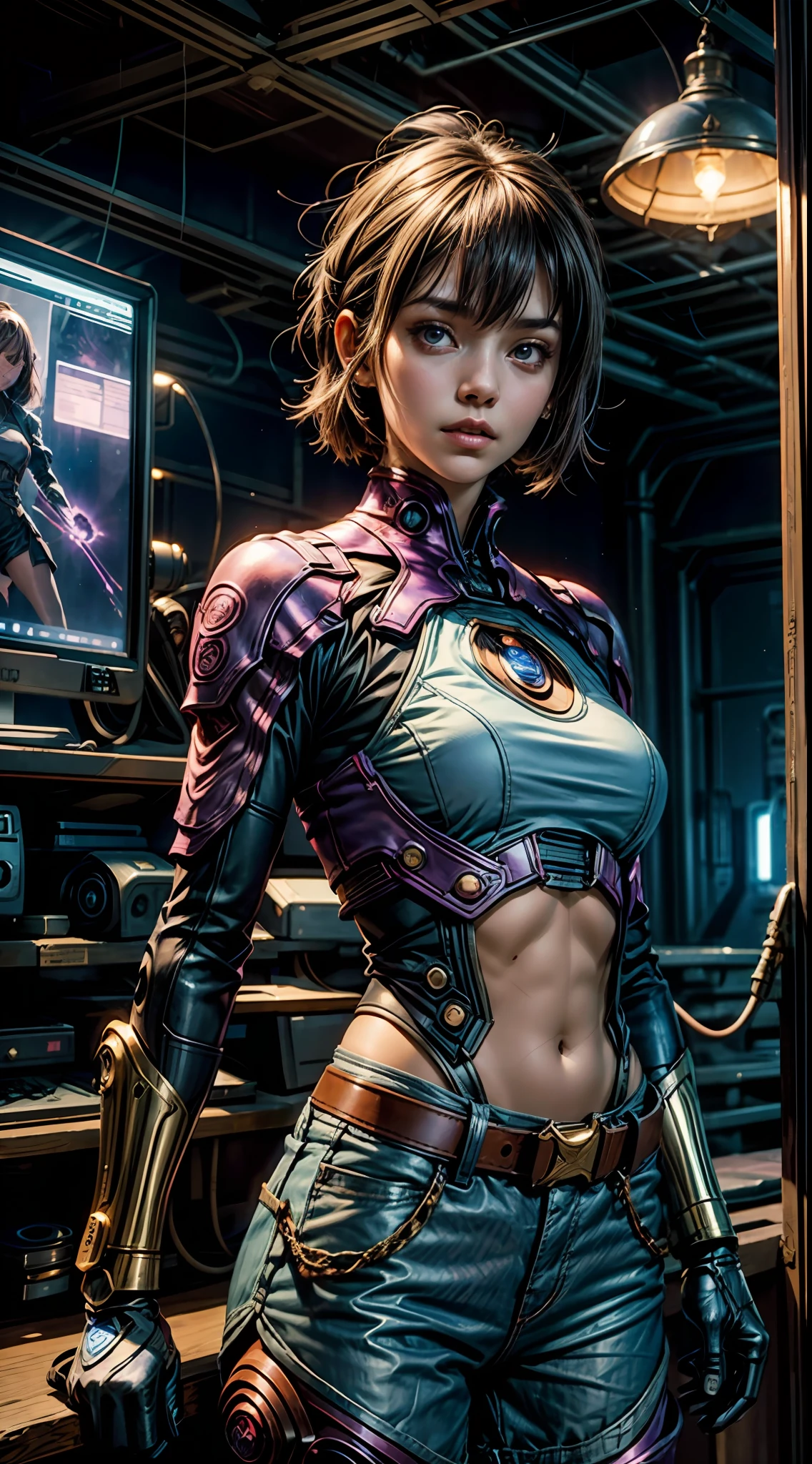 Female warrior with short light brown hair, Dress in a short-sleeved shirt Purple and blue shorts., Stand against a vintage sci-fi background. The artwork was inspired by Moebius and Ashley Wood..
