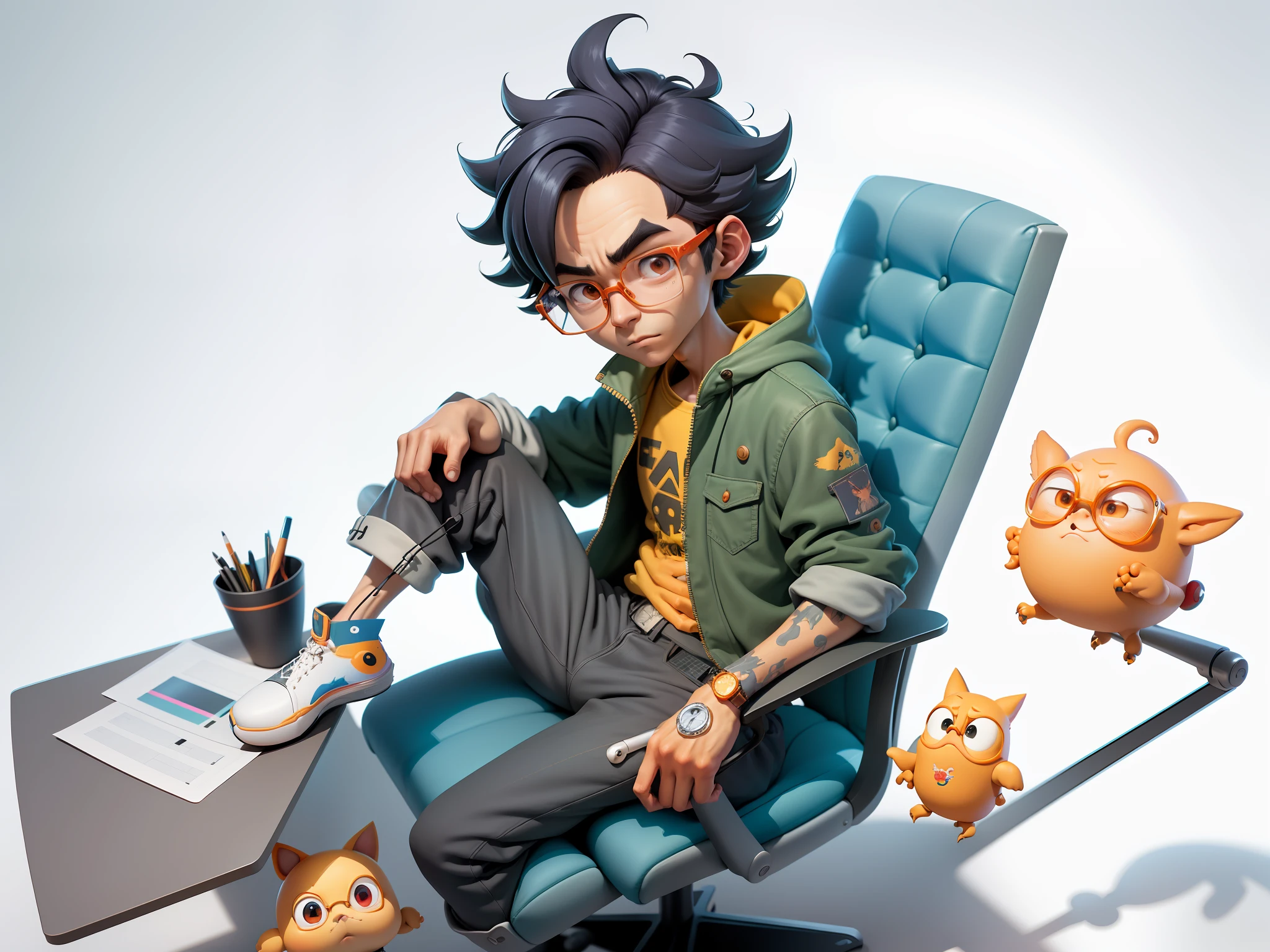 A young man with glasses sits at his desk，holding laptop，digitial painting，3D character design by Mark Clairen and Pixar and Hayao Miyazaki and Akira Toriyama，4K HD illustration，Very detailed facial features and cartoon-style visuals。
