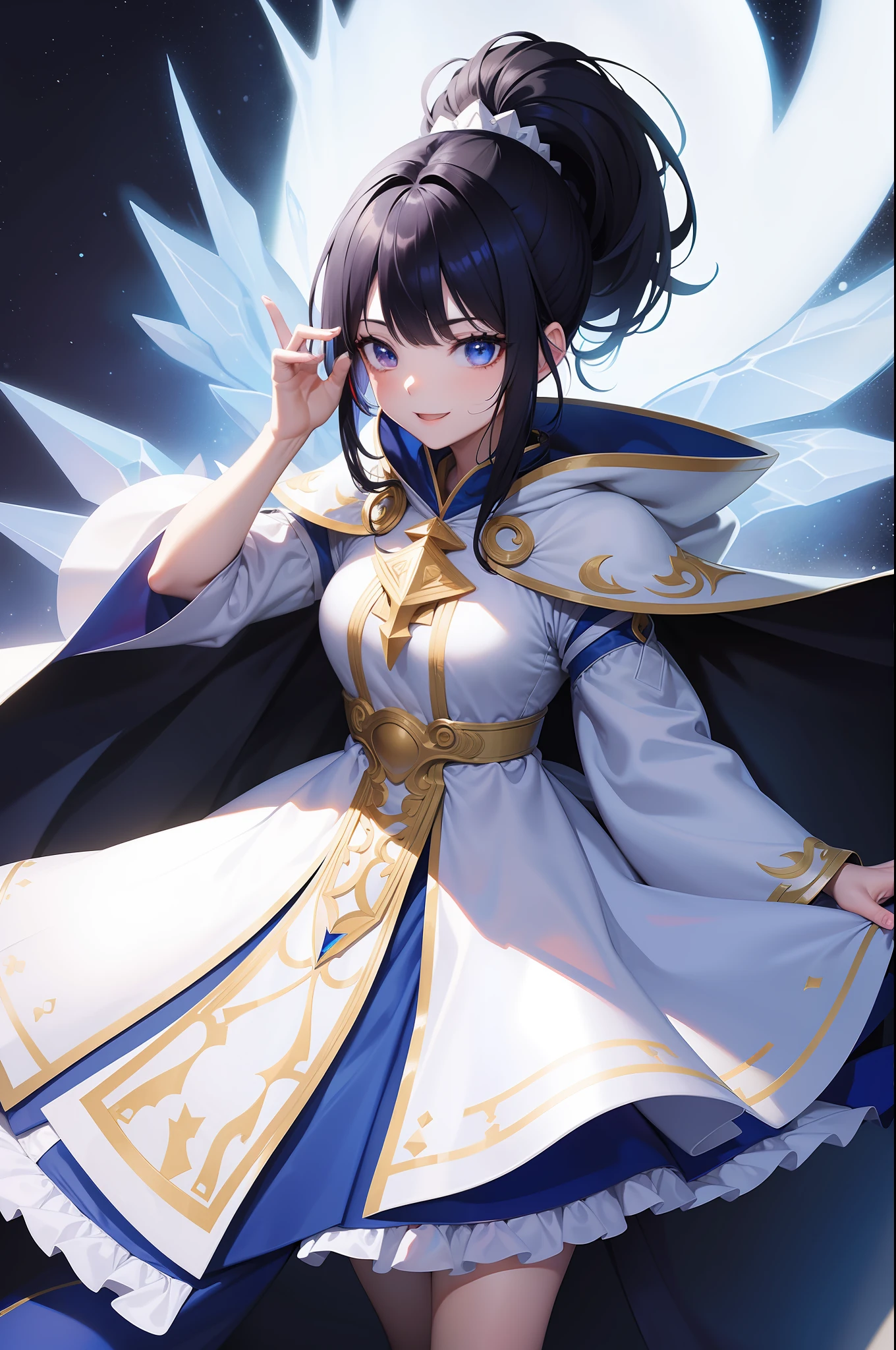 masterpiece, highres, best quality, white wizard cape, 1girl, solo, split colored(blue) (black) hair, smile, multicolored eyes, high quality artstyle, ultra detailed, holding a blue magic staf in her hands, quality shadows, 8K, ponytail, light mage,