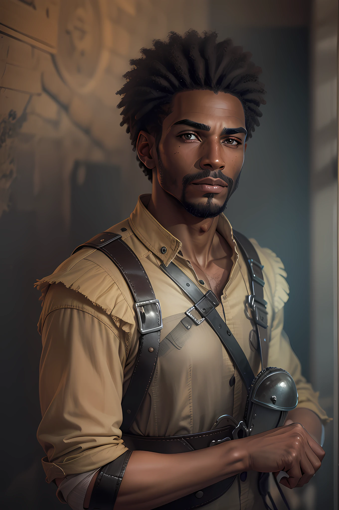 Retrato Rpg, primer plano, Raza: Humana, Genero: Hombre afroamericano, Edad: 30 year old, Ojos: Cafe; Color de piel: negra, Pelo: afro corto, physical: skinny complexion, Rasgos faciales: Lentes, expression: Mirada emocionada, Equipamiento: casco metalico arquero, armadura tachonada de guardia y con una lanza, Fondo: puerto, (Obra maestra, mejor calidad, altas: 1.4), detallado, detalles intrincados, 4K, salpicaduras de color, arte lineal
