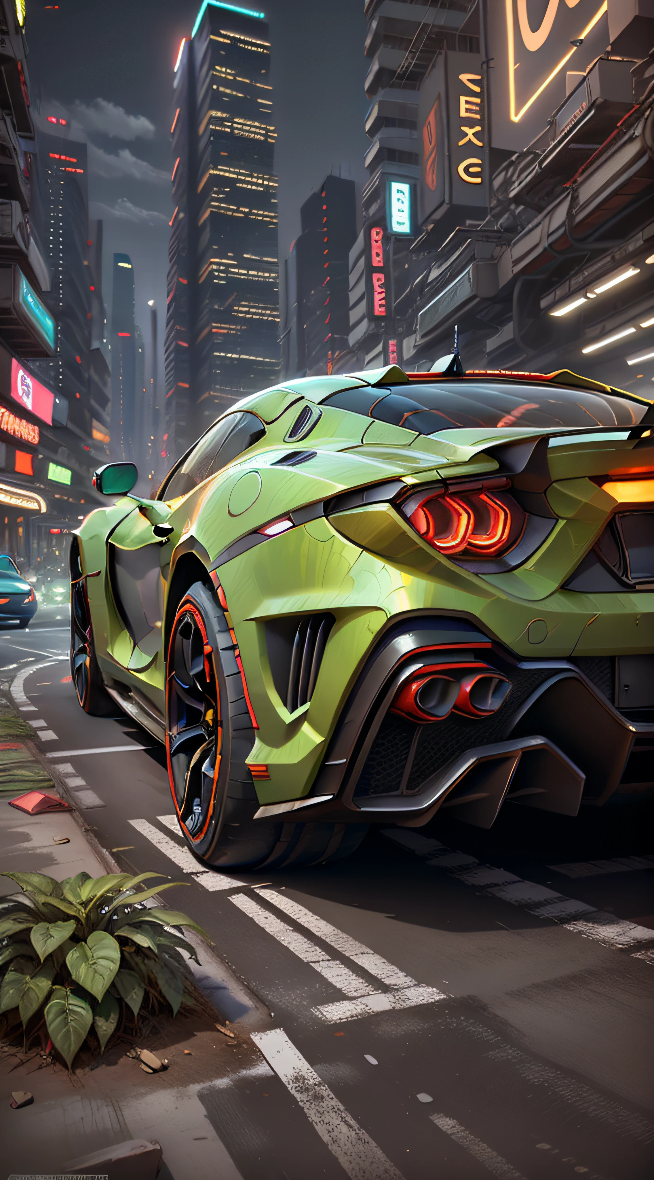 "A sleek and futuristic sports car racing through the neon-lit streets of a bustling metropolis."