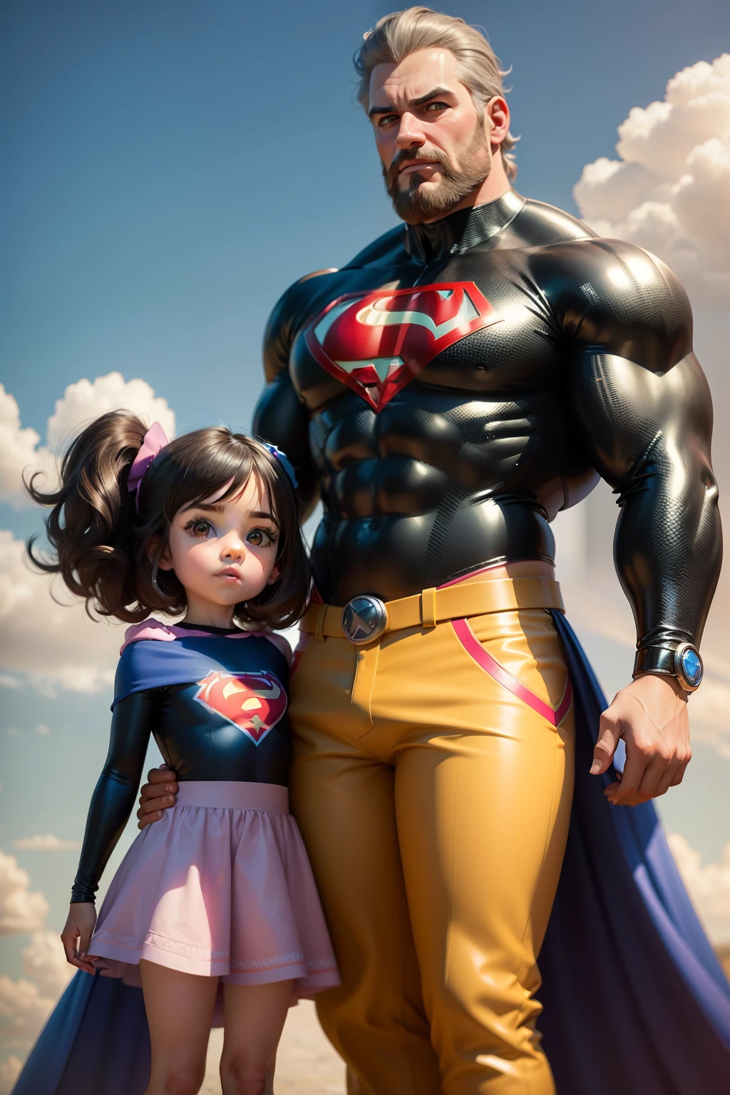 Make a girl She's 4  Disney Drawing Type She's with her mom and dad (homem de barba e cabelos curtos e preto), his father is dressed as a superhero. Pixar, 3d, Disney