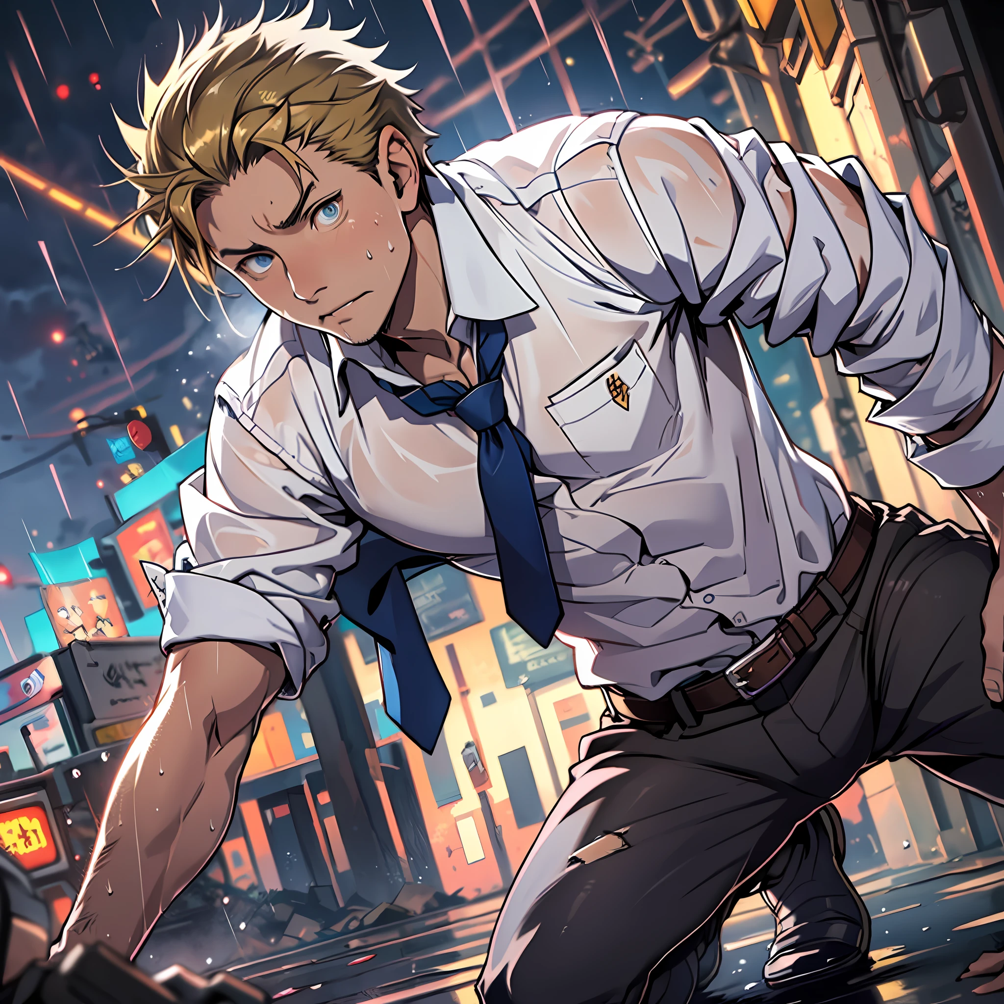 (1 Adult male),A high resolution, Sharp focus, Pixiv masterpiece, ((Complicated details)), highly detailed, natsuki_subaru, 1 man,Kneel,Close-up of crotch,Crotch view, Pleading,Battle damage,Defeat,wounded,decadent,full bodyesbian, blue color eyes(eyes glowing), Short yellow hair,white shirt,Wear a tie,Wear a belt,perspire,rain,Drenched,Sweaty crotch,look from down