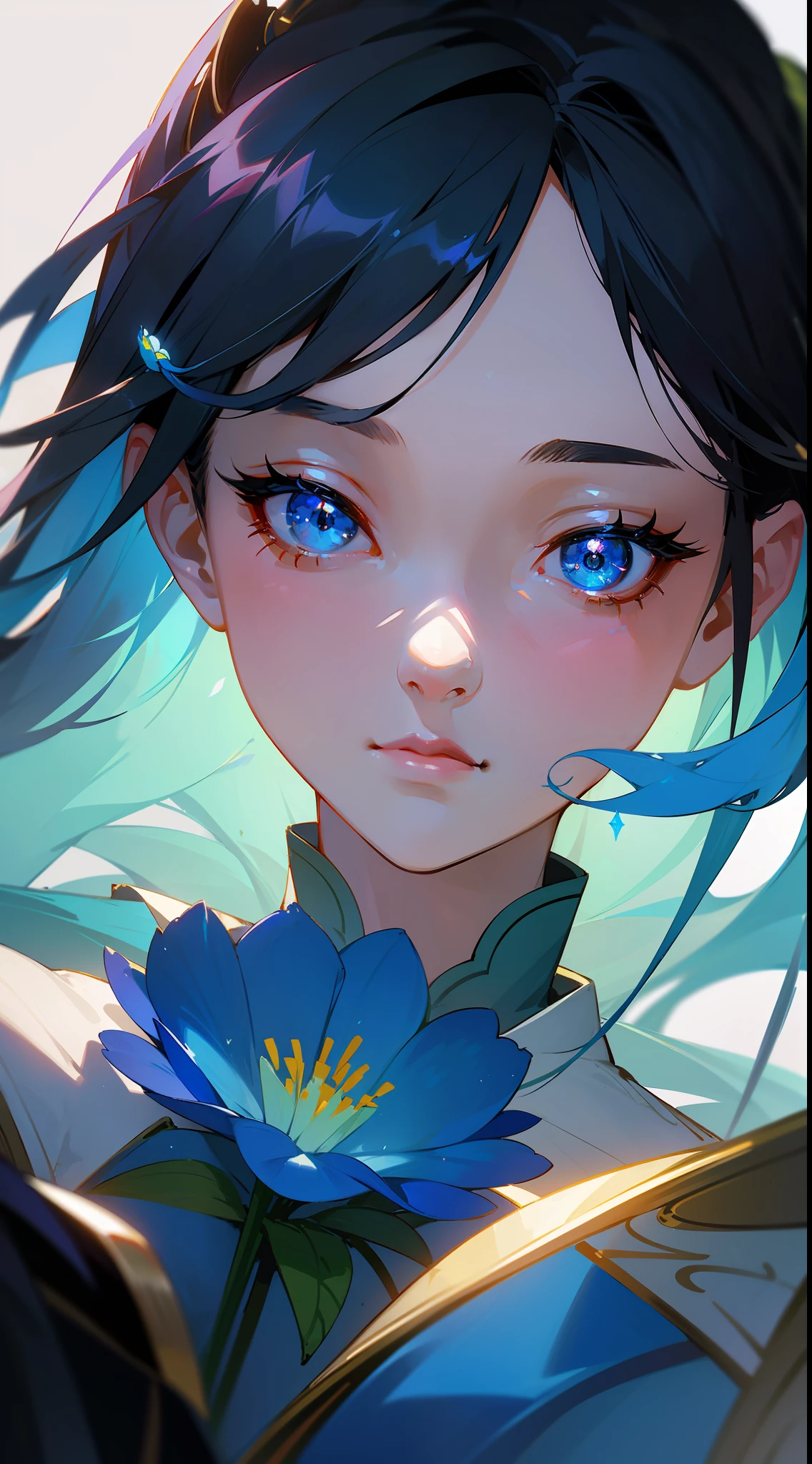 A woman with blue flowers on her face,Beautiful maiden portrait,stunning portrait,Real face,Fluorescence,glittery, inspired by Chen Yifei,Soft portrait shot 8 K, inspired by Zhang Yan, Inspired by Tang Yifen, Liu Yifei, xianxia fantasy