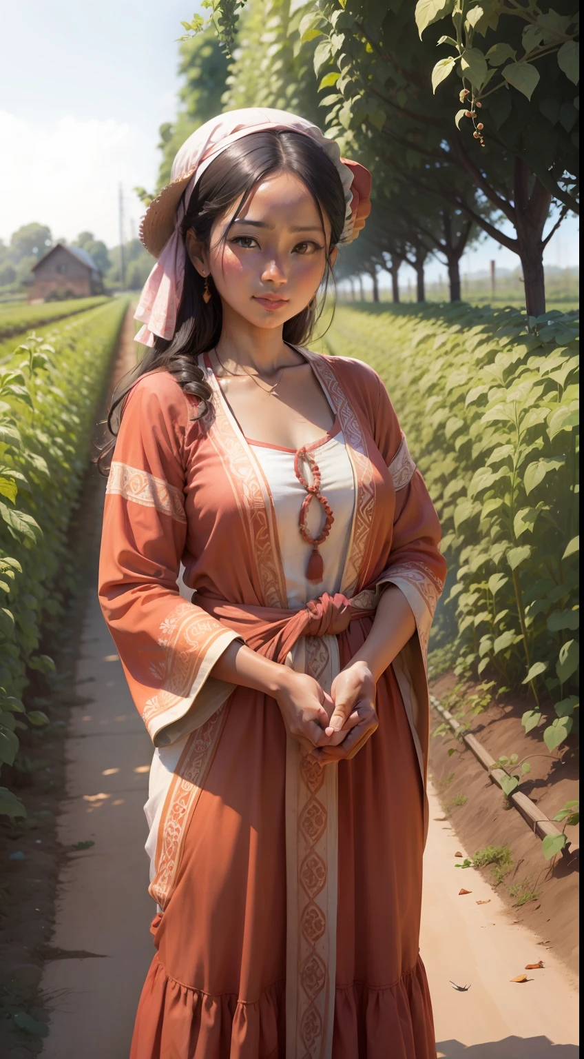 A scene of a very beautiful village lady in my tomato plantation.