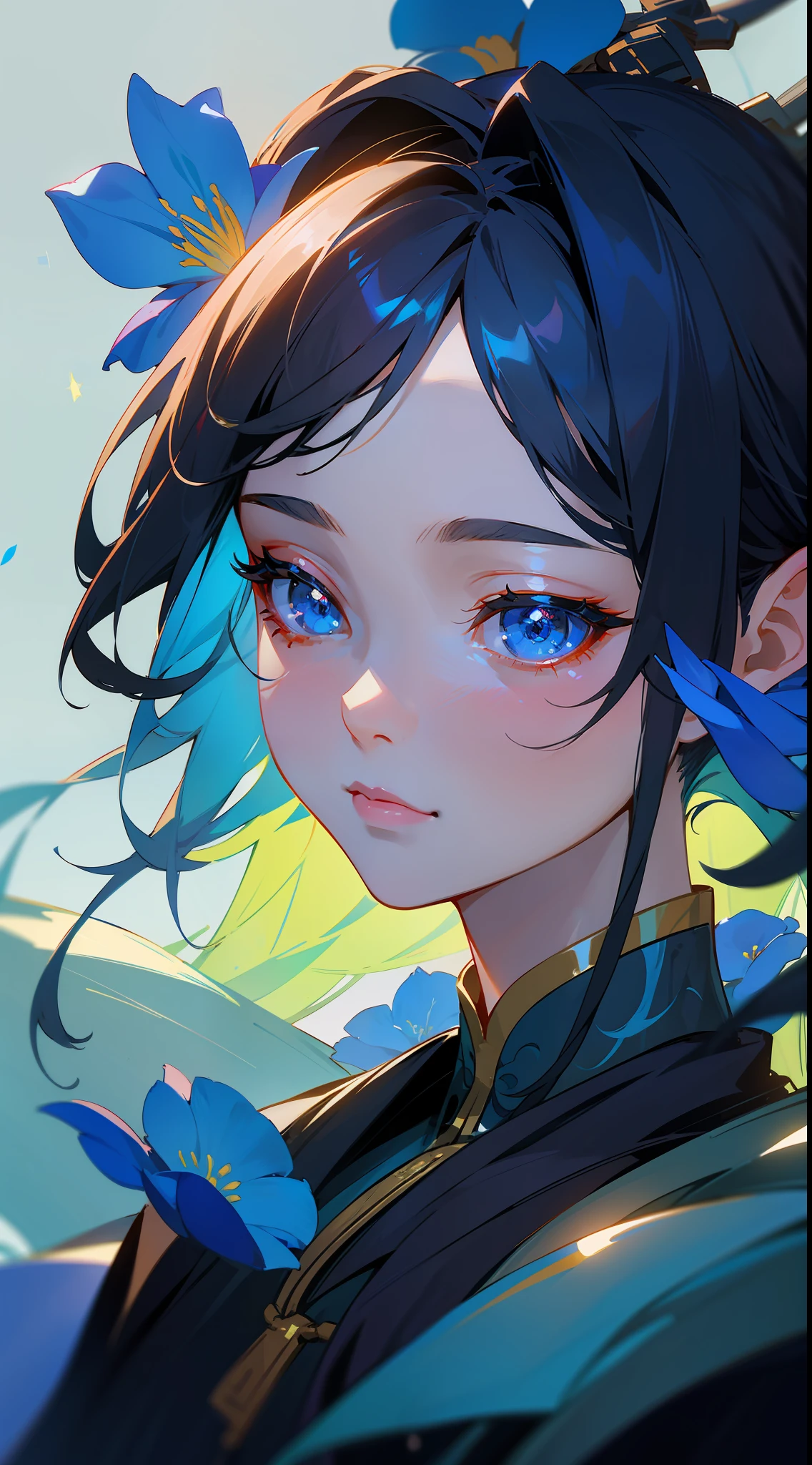 A woman with blue flowers on her face,Beautiful maiden portrait，stunning portrait，Real face，Fluorescence，glittery， inspired by Chen Yifei，Soft portrait shot 8 K, inspired by Zhang Yan, Inspired by Tang Yifen, Liu Yifei， xianxia fantasy