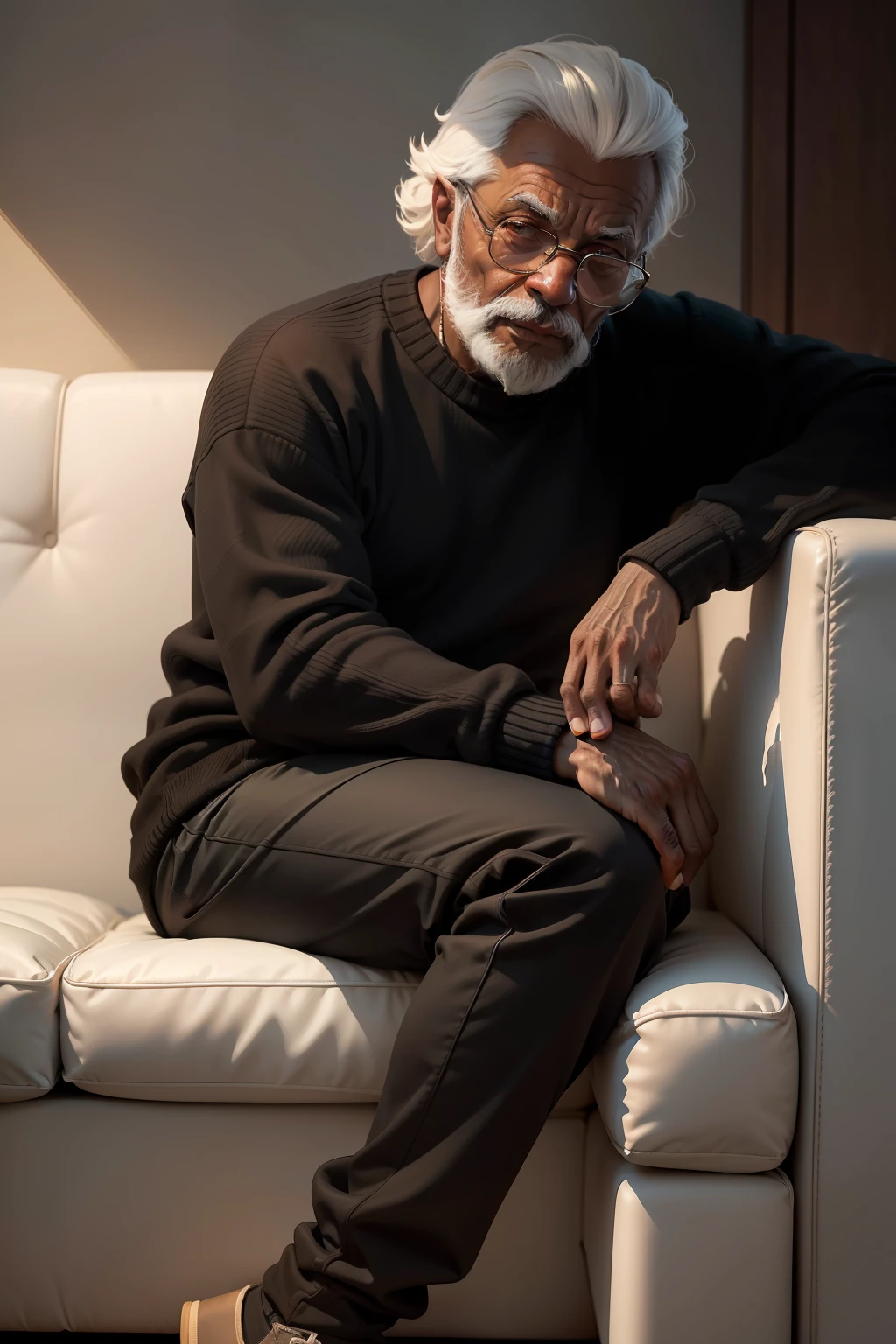 homem velho negro desgastado, wearing sweater, a black pants, qualidade exepcional, olhando para frente,  casa velha, sitting in a comfortable armchair, raia de luz solar batendo no rosto, pose casual, esthetic, intrincada, caustic, raios de luz, luz solar, imagem frontal