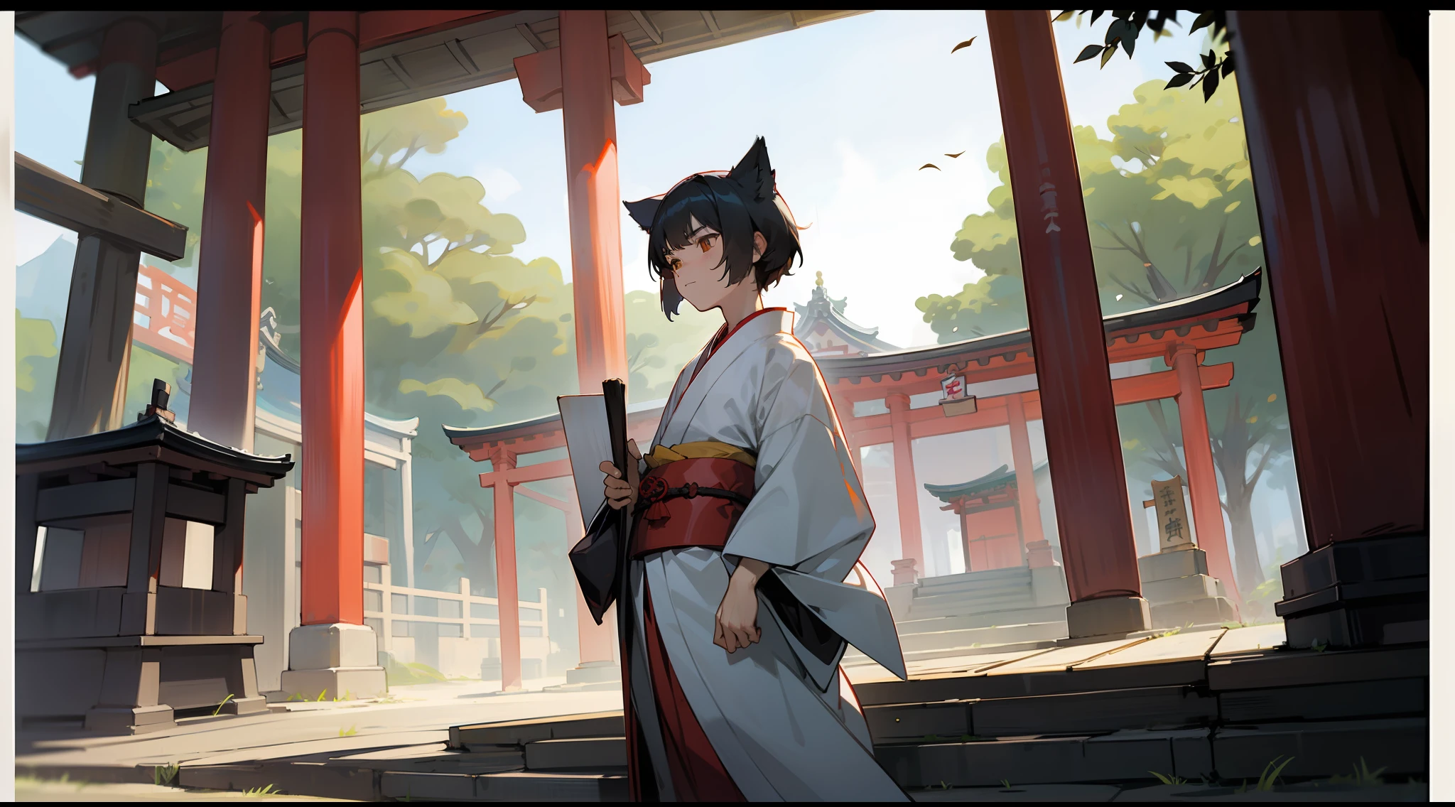 A wolf boy in a kimono about 17 years old Shrine