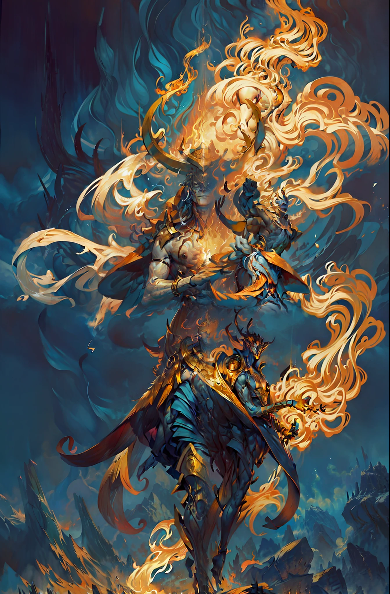 Adjust chest, Arms extended down, flaming spear in right hand