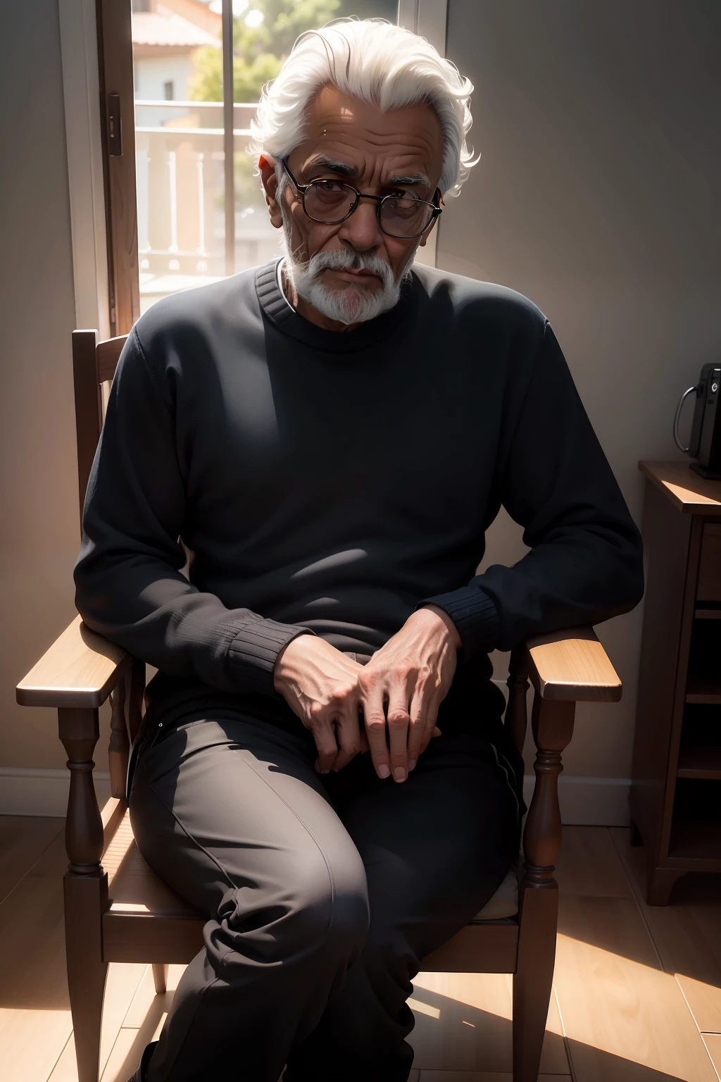 homem velho negro desgastado, wearing sweater, a black pants, qualidade exepcional, olhando para frente,  casa velha, sitting in a comfortable armchair, raia de luz solar batendo no rosto, pose casual, esthetic, intrincada, caustic, raios de luz, luz solar, imagem frontal