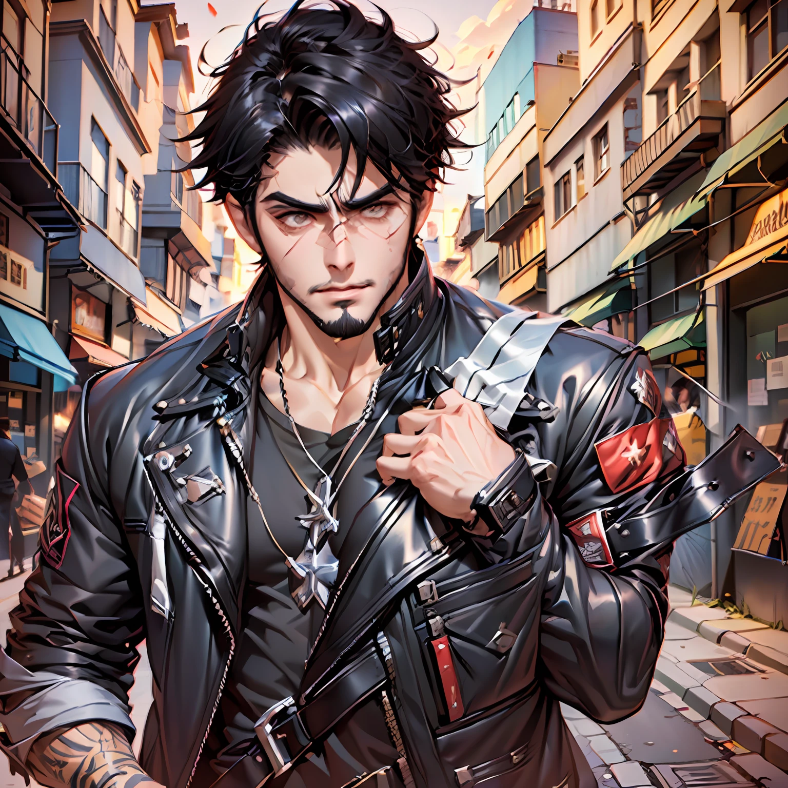 Granger from mobile legends game, black haired, low fade cut, soft beard, street style, carrying violin and gun, close up, ultra realistic, profesional lighting, detailed skin, handsome face