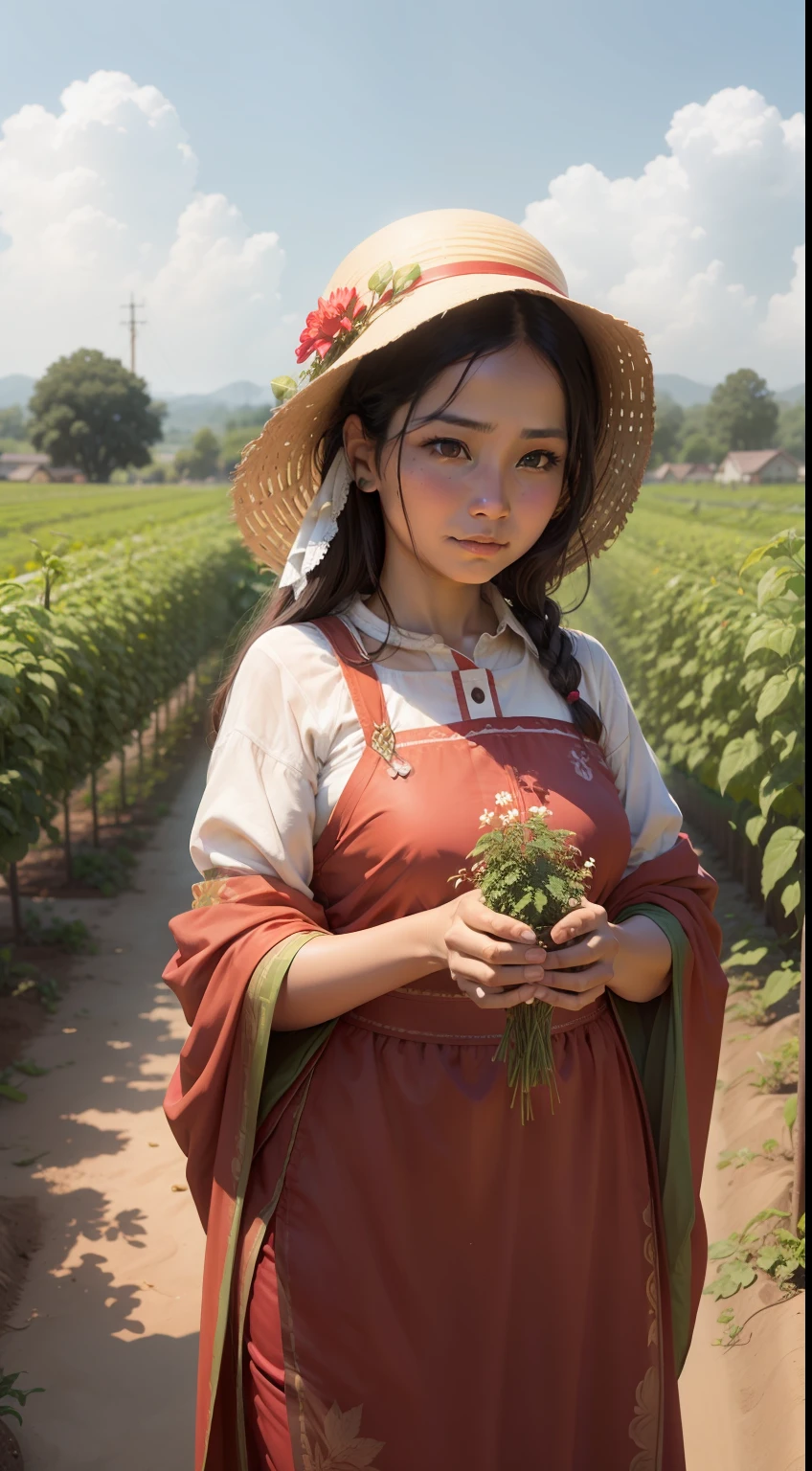 A scene of a very beautiful village lady in my tomato plantation.