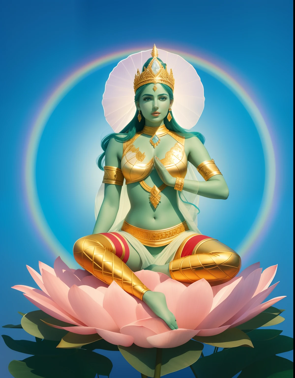 In the void, There is a beautiful virgin sitting leisurely in the lotus,Five-color sky,Soft and perfect body position for women,Delicate and radiant skin,Barefoot,(Long curved eyebrows),Beautiful eyes sparkle,The large, Jewel-like eyes sparkle,Clear pupils have reflected light,二重まぶた,Lying silkworm,looks into camera,((Plump and rosy lips)) Clearly visible,((Flushed cheeks)),The mandible is plump,Green skin is delicate and smooth,Delicate skin translucent,A delicate and dexterous crown,inlaid gemstones,Delicate and skillfully set gemstones,Perfectly designed jewelry is exquisite,Beautiful eyes looking directly at the camera,(((nice hand))),((((Good feet))),(((good legs))),realisticlying,white skinned,((Correct body structure)),Golden costume,Blue sky,Head background with round light,Behind him is a colorful rainbow circle,Color glow is turned on,Front lighting,Positive light,No shadows on the face,There are no shadows on the body,Blue sky,Unreal space,ethereal world,dreamworld,with blue sky and white clouds,tmasterpiece,4K,ultra-definition,professional photoshooting,Perspective looks up,Standard lens shooting,