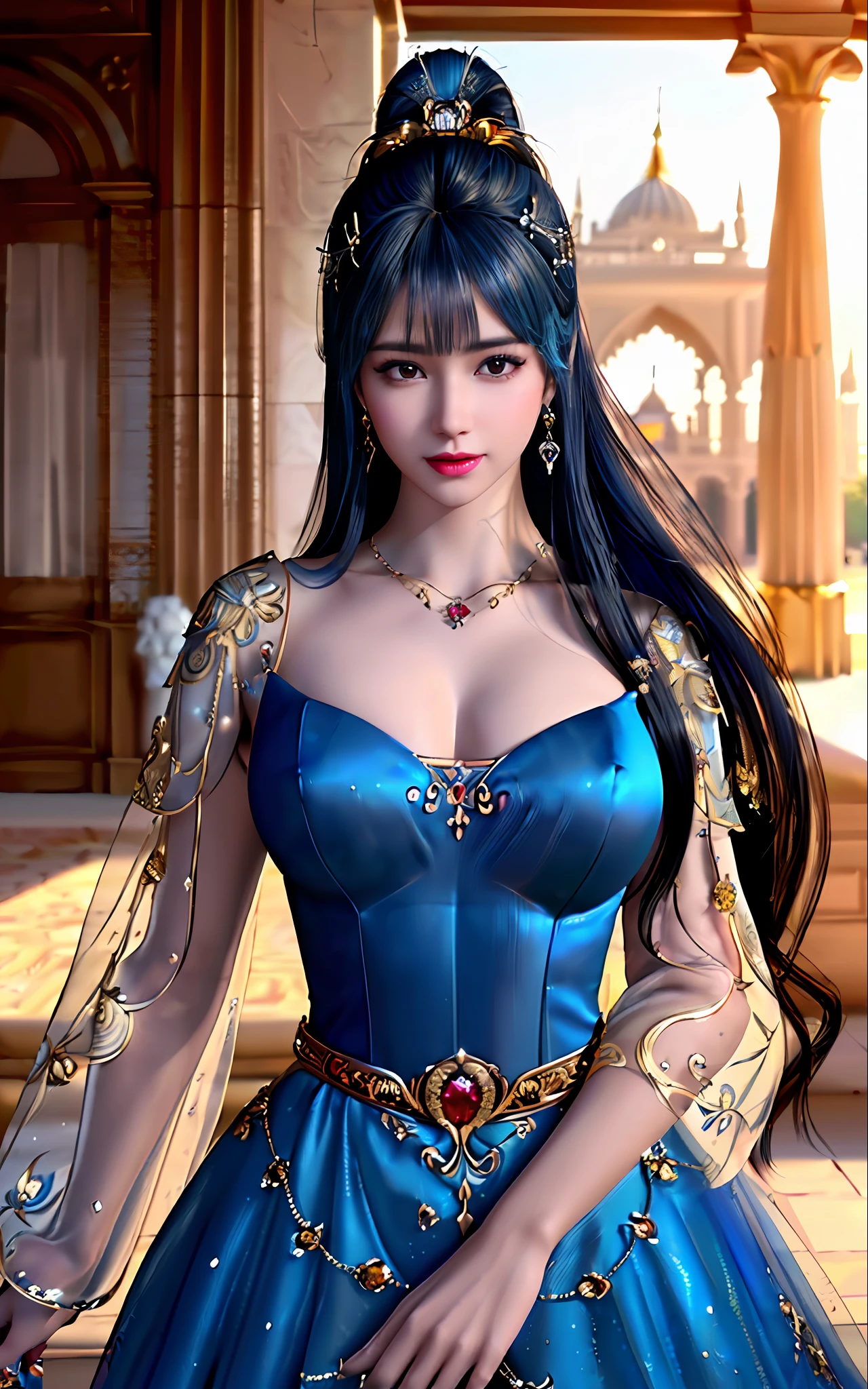 ((realisticity: 1.2)), ((best resolution: 8K UHD)), best quality,masterpiece,highres,cg,
((1 super detailed and super realistic girl)), ((very beautiful queen dazzling, super realistic, and super detailed)),((white skin, beautiful, smooth, youthful, super realistic and super detailed
)), long hair, ((super realistic and super detailed dress)), solo, ((super realistic, super beautiful, gorgeous and super detailed jewelry)), ((super beautiful, super realistic and super detailed dark red and golden yellow dress)),
((super beautiful, super realistic, super detailed diamond filled earrings)),
((super beautiful, super realistic and super detailed diamond filled hair ornament)), ((super beautiful upper body, super beautiful, super realistic and super detailed)), ((big breasts: 2.5)),
((super grand, super realistic and super detailed royal palace backgroun))
((super beautiful, super beautiful, super realistic and super detailed hair bun)), ((super beautiful, super realistic and super detailed blue hair)),
candid, Photograph, high resolution, 8k,Bokeh,