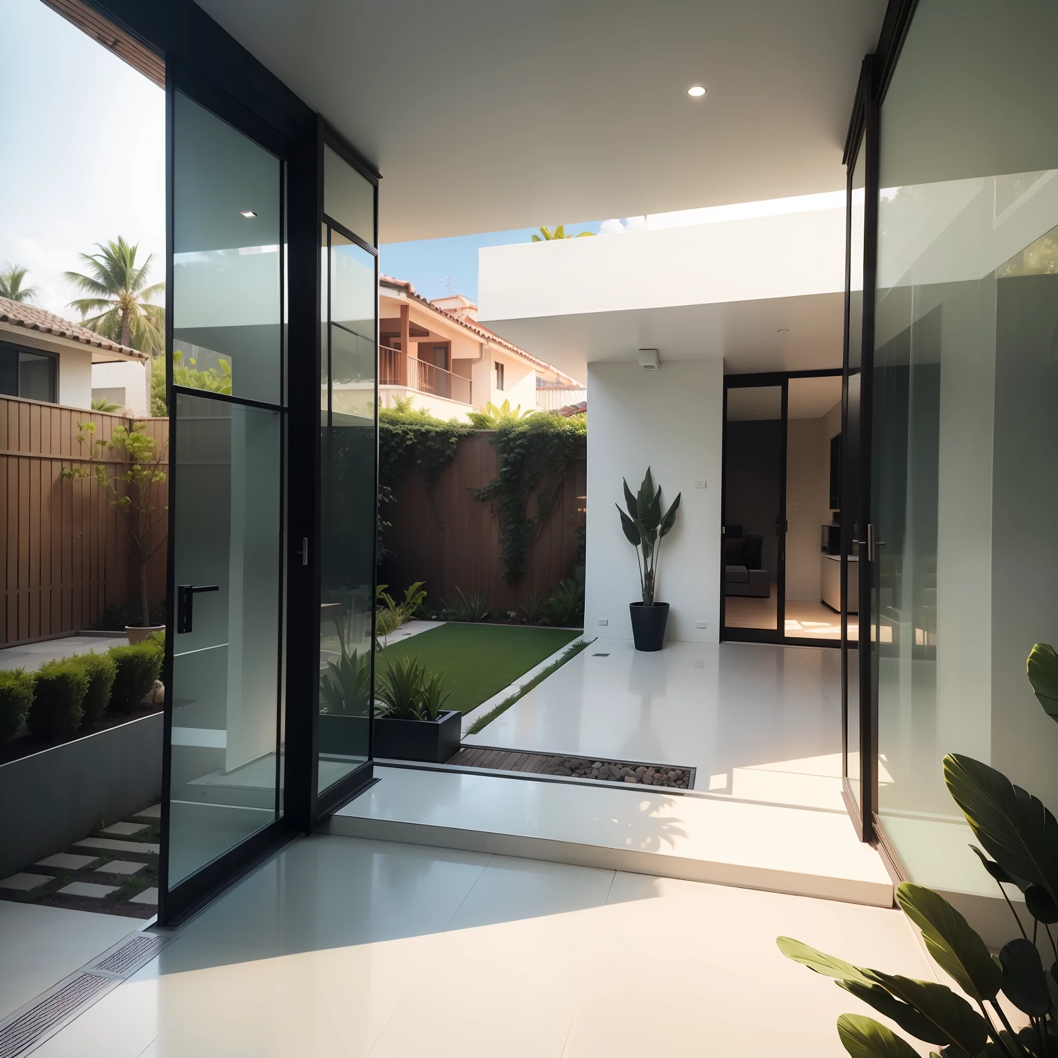 Obra-prima, alta qualidade, melhor qualidade, super detalhe, minimalismo, exterior, Luxury leisure area, casa moderna, plantas, cobertura, detalhes, outdoor area with glass doors./(moderno/) casa cor preta