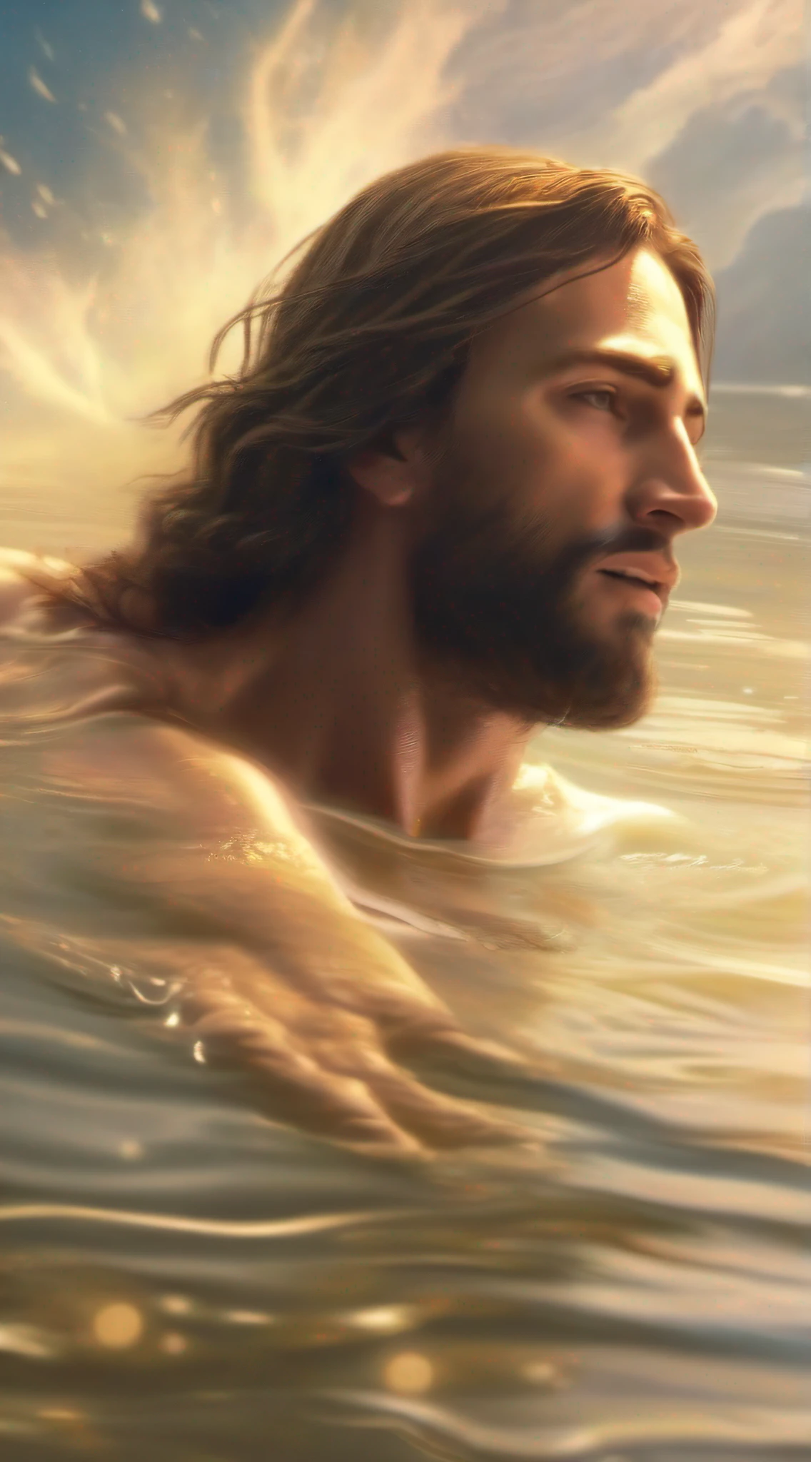 Jesus being baptized in water by John the Baptist and receiving the Holy Spirit from Heaven