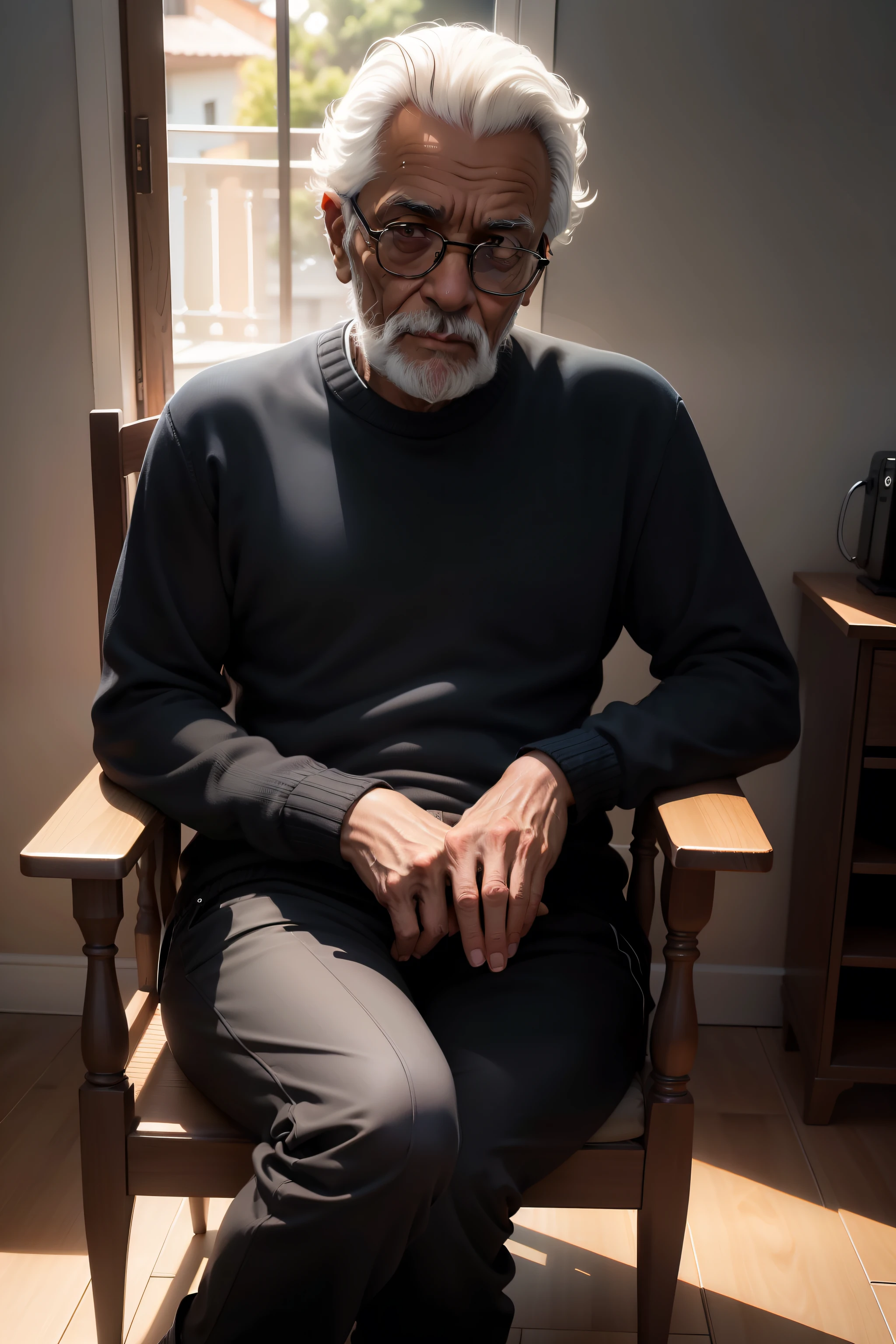 homem velho negro desgastado, wearing sweater, a black pants, qualidade exepcional, olhando para frente,  casa velha, sitting in a comfortable armchair, raia de luz solar batendo no rosto, pose casual, esthetic, intrincada, caustic, raios de luz, luz solar, imagem frontal