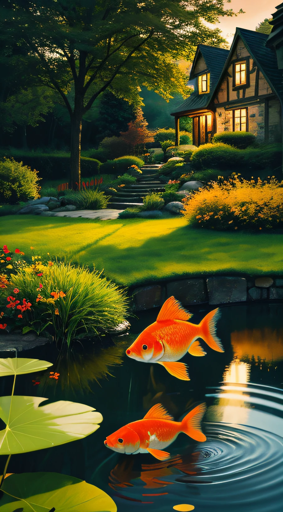 "goldfish in the pond, house ambiance, (masterpiece, best quality: 1.2), cinematic, super sharp focus, vibrant colors, stunningly realistic photography, Ultra quality, 8K full HD"