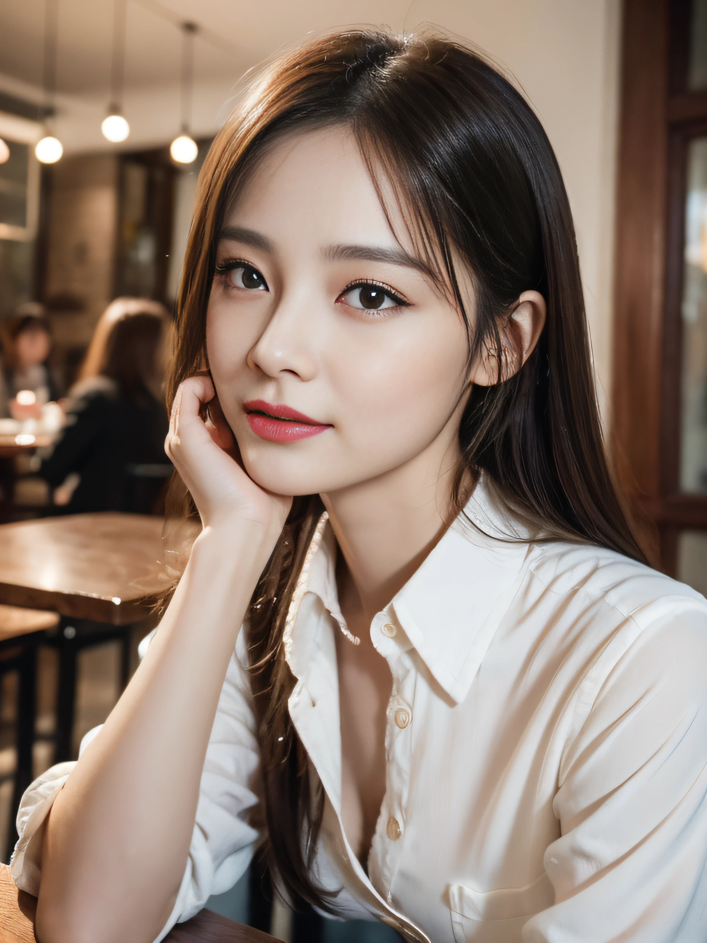 A 30-year-old stylish white-collar woman was sitting in a café , delicate makeup , beautiful detailed girl, very detailed eyes and face, beautiful detailed eyes, ridiculous, Chinese female , Canon 35mm Shot , Photorealistic , a photo of ,4k