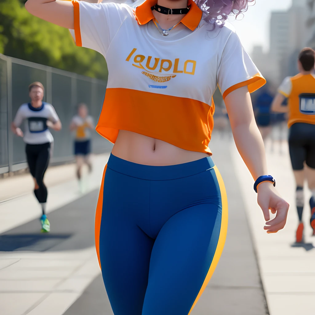 Una chica alegre de 1.62,  su cabello tiene 2 coletas y es peli azul, sus ojos son morados, cuenta con 94 cm en el pecho y lleva una blusa naranja, pantalones deportivos y zapatos para correr, tiene un corte en el brazo izquierdo, a handle on the right wrist, y un collar de un trofeo