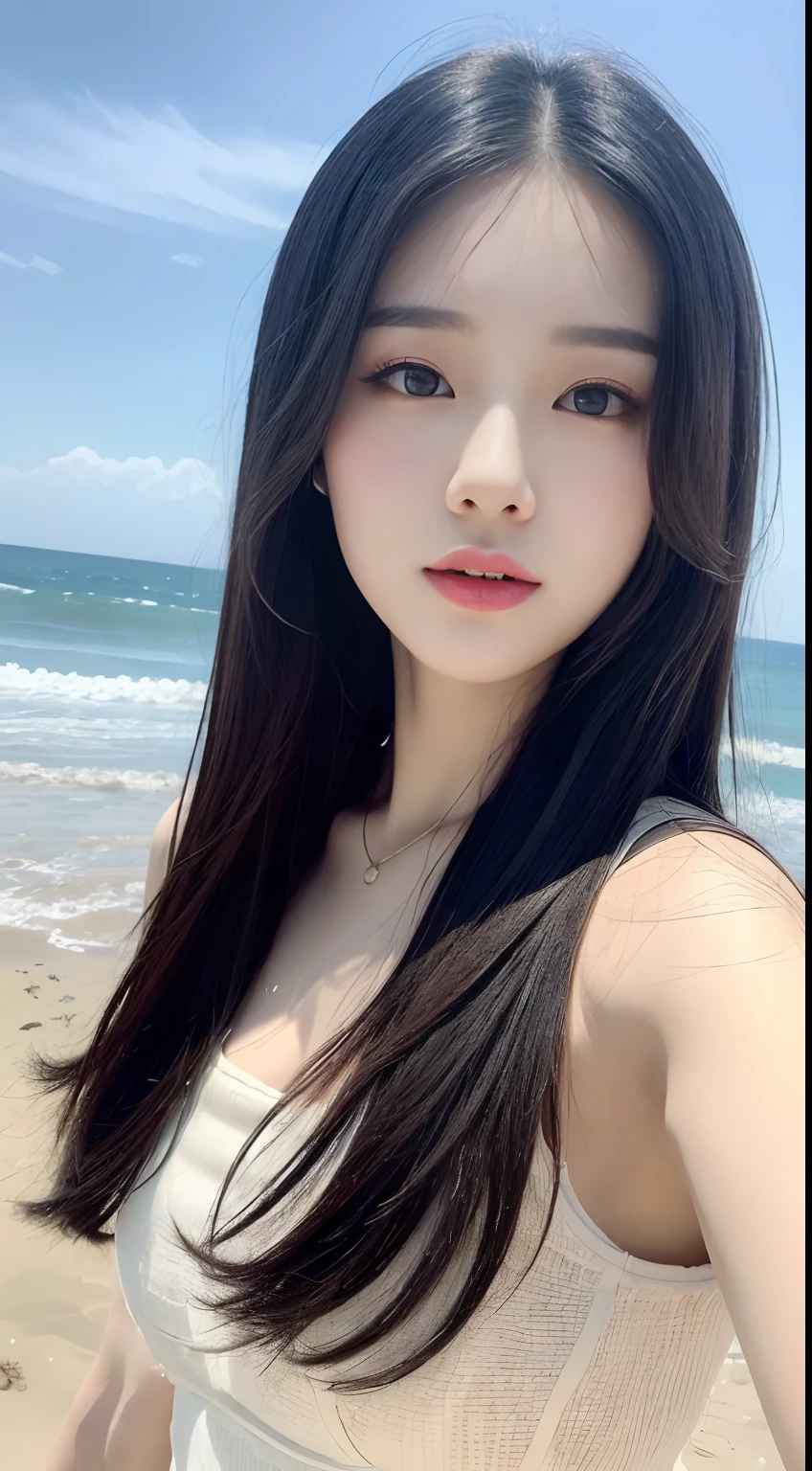 ((Best Quality, 8k, Masterpiece: 1.3)), 1 girl, full body, slim face, pretty woman, (black hair), super detailed face, detailed eyes, double eyelids, blurred background, slim face, seaside, outside, beach,