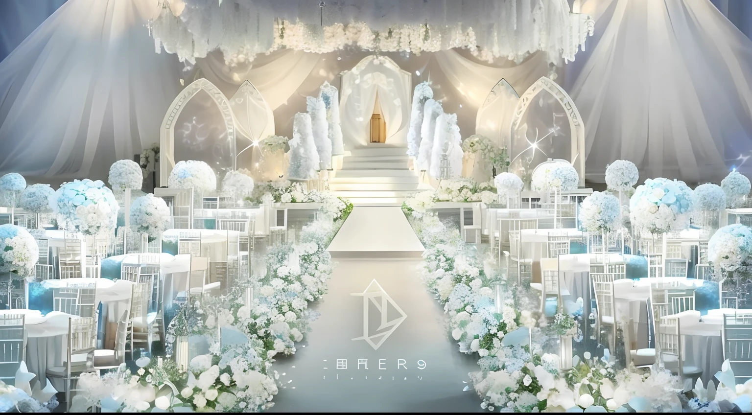 Wedding close-up with white flowers and blue chairs, Ethereal and dreamy theme, ethereal fairytale, a crystalline room, intricate sparkling atmosphere, Ethereal!!!!!!!, ethereal lighting colors scheme, luxurious wedding, ethereal lighting - h 640, very magical and dreamy, D. I. big breasts and big breasts. venue, exquisitely designed throne room, dreamy and detailed