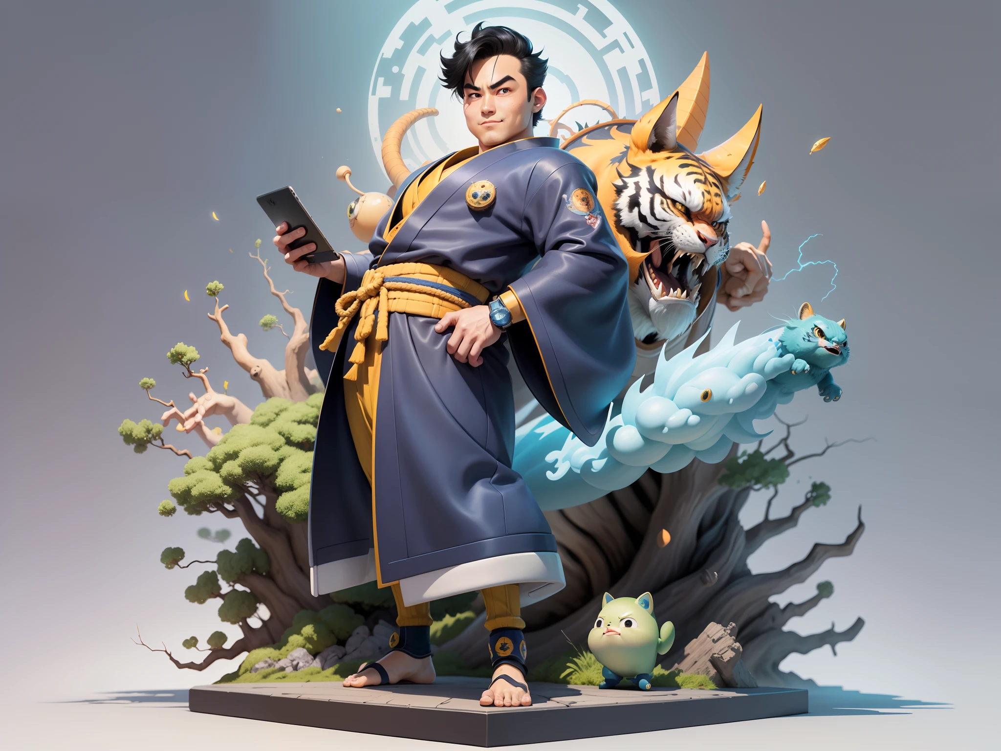 (Masterpiece), (Excellent), (Super Meticulous), (Full Body: 1.2), Super Young Man, Oriental Face, Japanese Kimono, Japanese Wind Thunder God, Dragon, Tiger, TV Anchor, Bust Portrait Illustration, Alone, Black Suit, Blue Tie, Slightly Chubby Face, Very Clean Face, No Beard, Black Super Short Hair, Black Eyes, Confident Smile, 3c Computer Sub-Products, iPad, iPhone, Digital Painting, 3D Character Design by Akira Toriyama and Mark Claireden and Pixar and Hayao Miyazaki, The illustration is a high-definition illustration in 4K resolution with very detailed facial features and cartoon-style visuals.