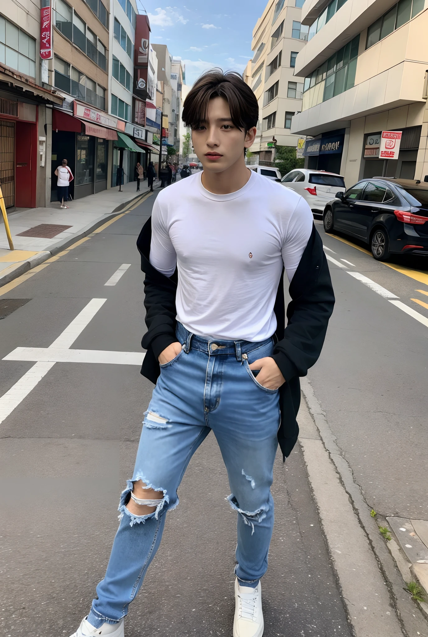 Um garoto coreano na rua, rua  vestindo casaco and wearing ripped jeans, Torn pants, (Jeans rasgada) (Torn pants), posing for photo shoot , corpo inteiro, fundo liso, jungkook, jungkook taeyang Jimim 1 boy, 1 homem, homem masculino coreano, homem masculino sozinho coreano sozinho, solo, sozinho, (alone) (sozinho) alone, sozinho sozinho sozinho sozinho SOZINHO SOZINHO SOZINHO SOZINHO