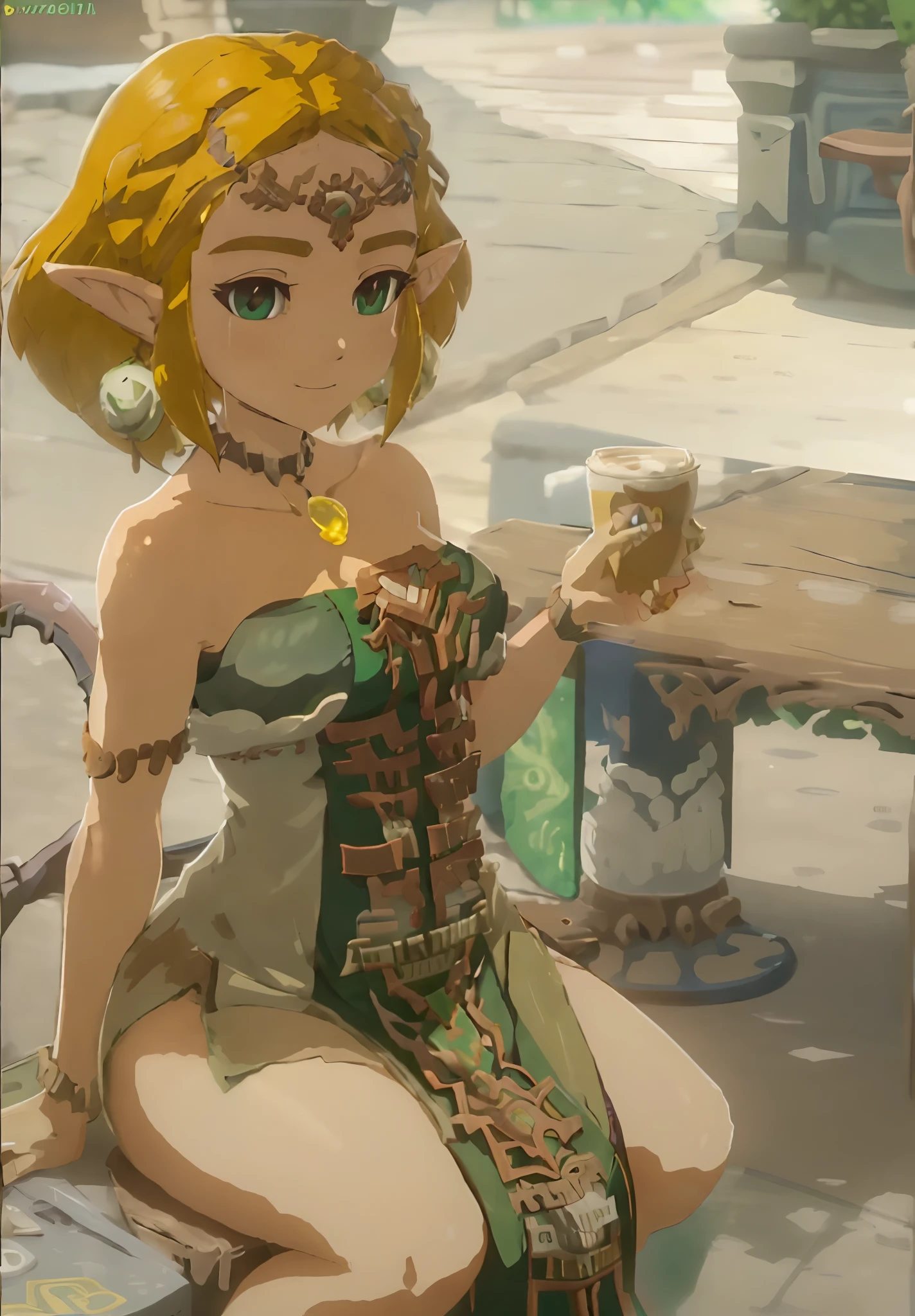 zeldatotk,1girl,smile,cel shading,full body in view,green eyes, enjoying a coffee, sitting in the cafe, hot coffee, (((busty))), (((big breast))), cleavage