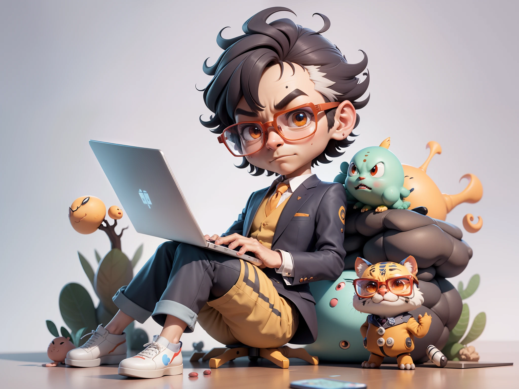 A young man in a suit, Short hair and glasses sat at his desk，holding laptop，digitial painting，tigre，3D character design by Mark Clairen and Pixar and Hayao Miyazaki and Akira Toriyama，4K HD illustration，Very detailed facial features and cartoon-style visuals。