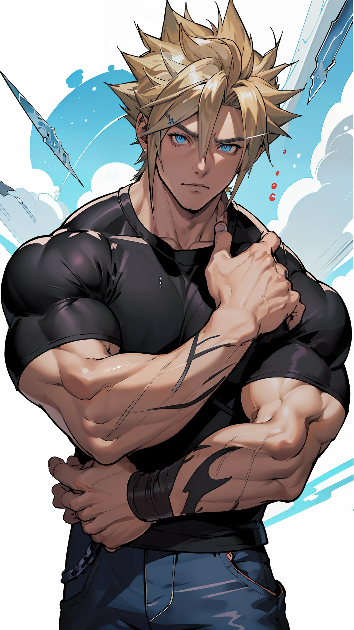 (anime) . Male (man ((Cloud Strife))), blue eyes, blond hair, black t-shirt, jean pant, in the space  . (Masterpiece: 1.8), (64k quality), (final fantasy artwork concept), detailed (manga eyes + hair + clothes + body + face + colors + shoulders + eyes (globular + transparent + liquid) + (sharper drawings) + (shiny jewelry) + (clothes folds) + (rounded eyes) + (consistent clothes) + (clothing features) + (eyes line), better (colorful + (coarser line) + (black line) + finishing . [Drawing] (Anime (Manga (Comics))) + (Coarse Line: 1.8) + (Black Line: 1.8) + (Color: 1.8) + (Clean: 1.8) + (Contrast: 1.8) + (Black Outline: 1.8) + (adjusted colors: 1.8) + (shadow set: 1.8) + (manga eyes: 1.8) + ((muscle: 1.8)) + ((bodybuilder: 1.8)), ((made homogeneous: 1.3))