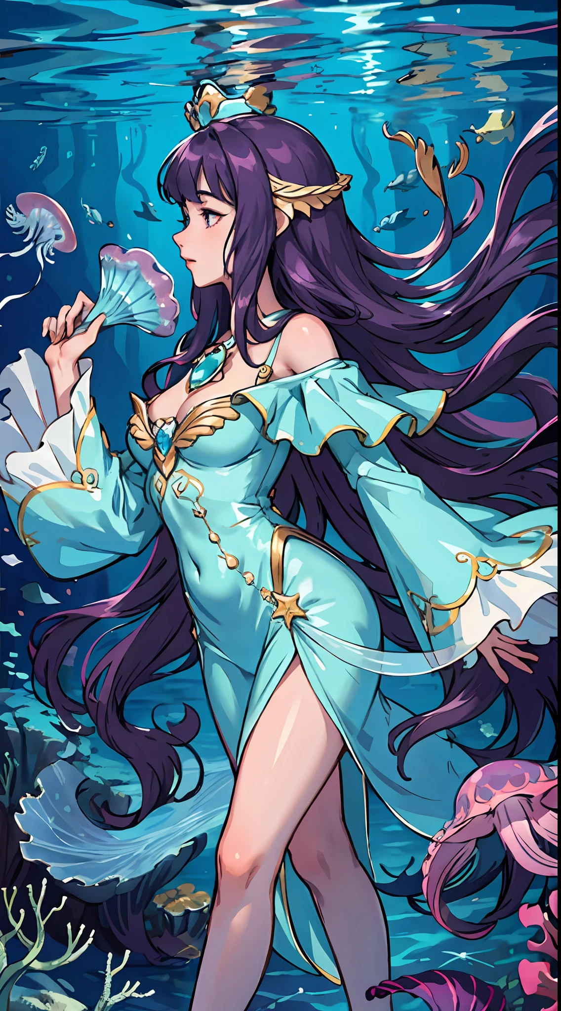 1 woman, masterpiece, best quality, detailed background, solo, portrait, detailed pretty face, feminine female, long hair, floating, princess costume, seafloor, star light, sea grass, colorful jellyfish, five heads tall, depth of field, profile picture, dolphins, pretty, under the sea, standing in water, disney style, dark purple hair