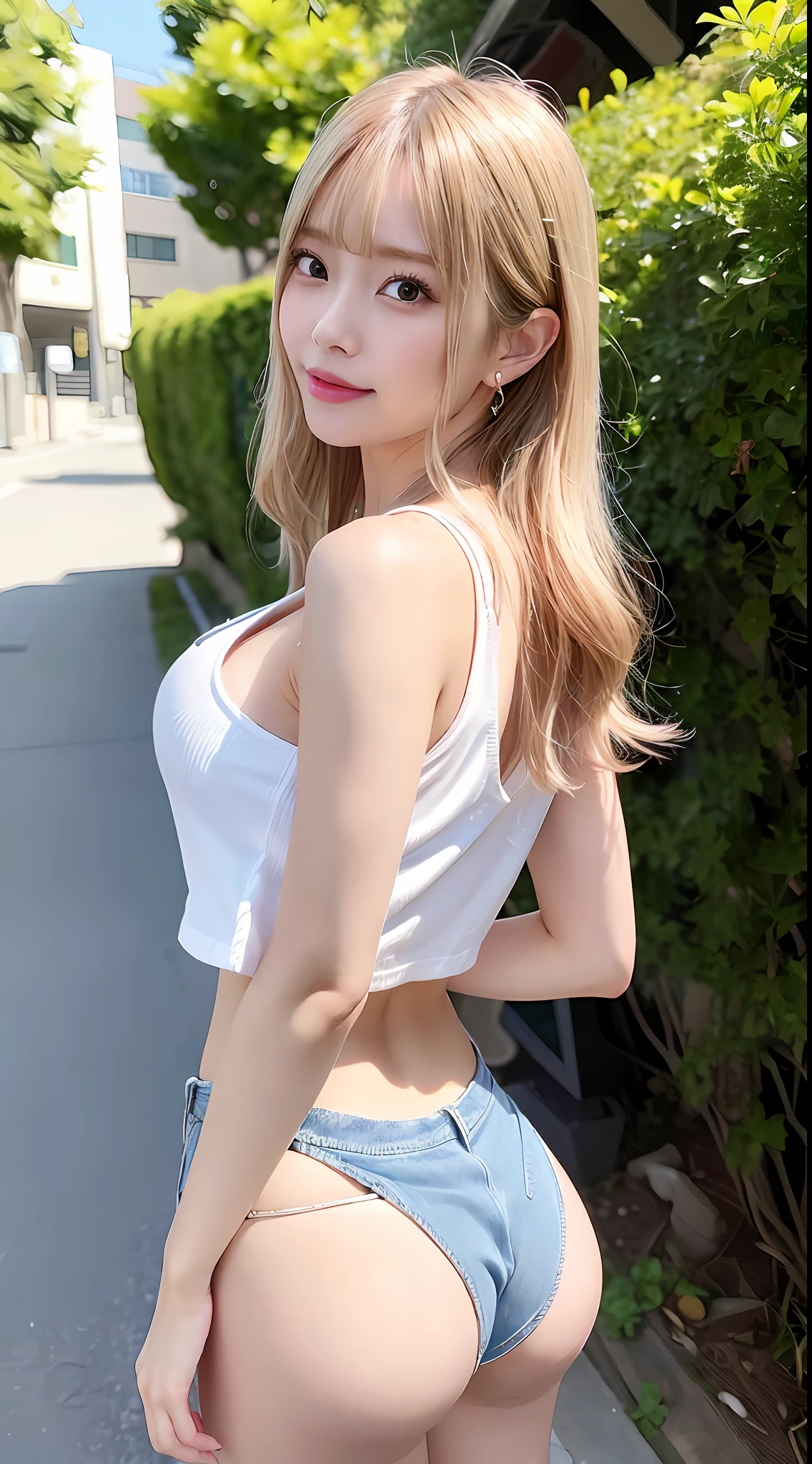 beautiful lighting, of the highest quality, Cinematic Film Still (charming jisun asmr 19 years young ) , Streets of Tokyo、(white t-shirts、(Denim shorts)), (perky- outlined), (perfect pink--outline) (All wet) , Dark atmosphere, Toned body, beautiful slim , Fit ,Sexy Woman, Open mouth, )Perfect hands , Perfect fingers , perfect teeth) Bright blue eyes , light blonde hair color , big clevage , Beautiful Women in Perfect Figure, (Colossal tits), Slender Abs, Very detailed face and skin texture, Detailed eyes, Double eyelids, perfect anatomy body proportions , hard disk , nffsw , Nikon Z9 80mm Lens , masutepiece、(Beautiful ass、posterior view、The butt is the main camera angle)