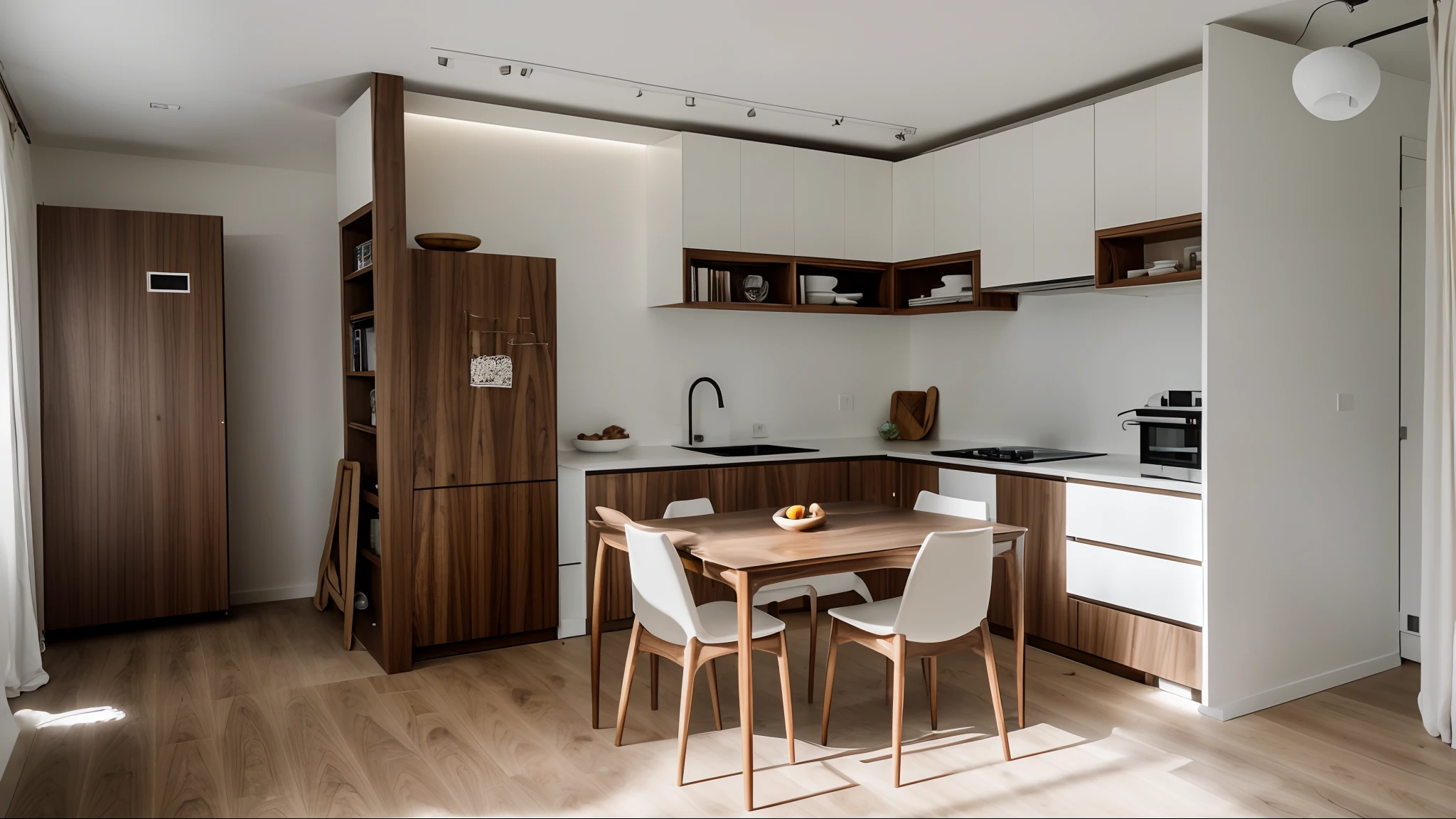 RAW photo, Masterpiece, high quality, best quality, authentic, super detailed, ((walnut furniture )), minimalist architecture, minimalist Living and Kitchen room, couch, tab (white panel, wood panel), (laminated plaster), natural day light)), archdaily architecture, (high detail: 1.2), 8k uhd, dslr, soft light, high quality, film grain, Fujifilm XT3, cinematic lighting