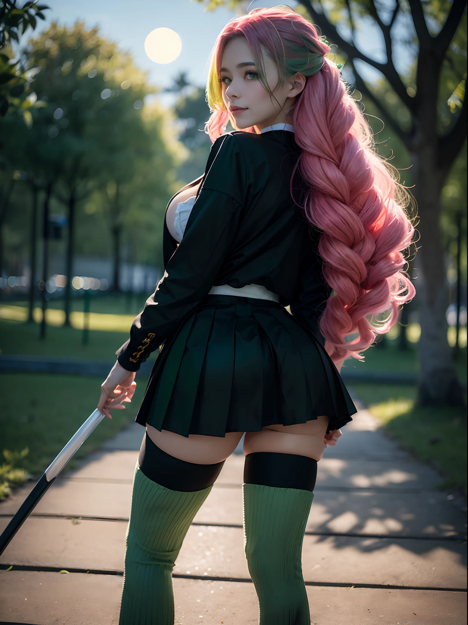 (masterpiece, best quality:1.4), (full body), (standing:1.5), (from back), 1girl, solo, (european youth:1), (sexual), 1girl, (upper body), (standing), Mitsuri, (gradient hair color:1.2), (long hair:1.5), seductive expression, (green eyes:1.4), (erotic), cleavage, (demon_slayer_uniform:1), smile, long_sleeves, looking_at_viewer, japanese_clothes, (haori), cleavage, jacket, open_clothes, skirt, belt, (black skirt:1.8), (pleated_skirt:1.5), thighhighs, (green_thighhighs:1.5), zettai_ryouiki, sexy smile, beautifull fieldat night, moon at the sky, moonlight, beautiful face, highly detailed face, highly detailed skin, skin pores, subsurface scattering, realistic pupils, full face blush, full lips, detailed background, depth of field, volumetric lighting, sharp focus, absurdres, realistic proportions, good anatomy, (realistic, hyperrealistic:1.4), 16k hdr,
